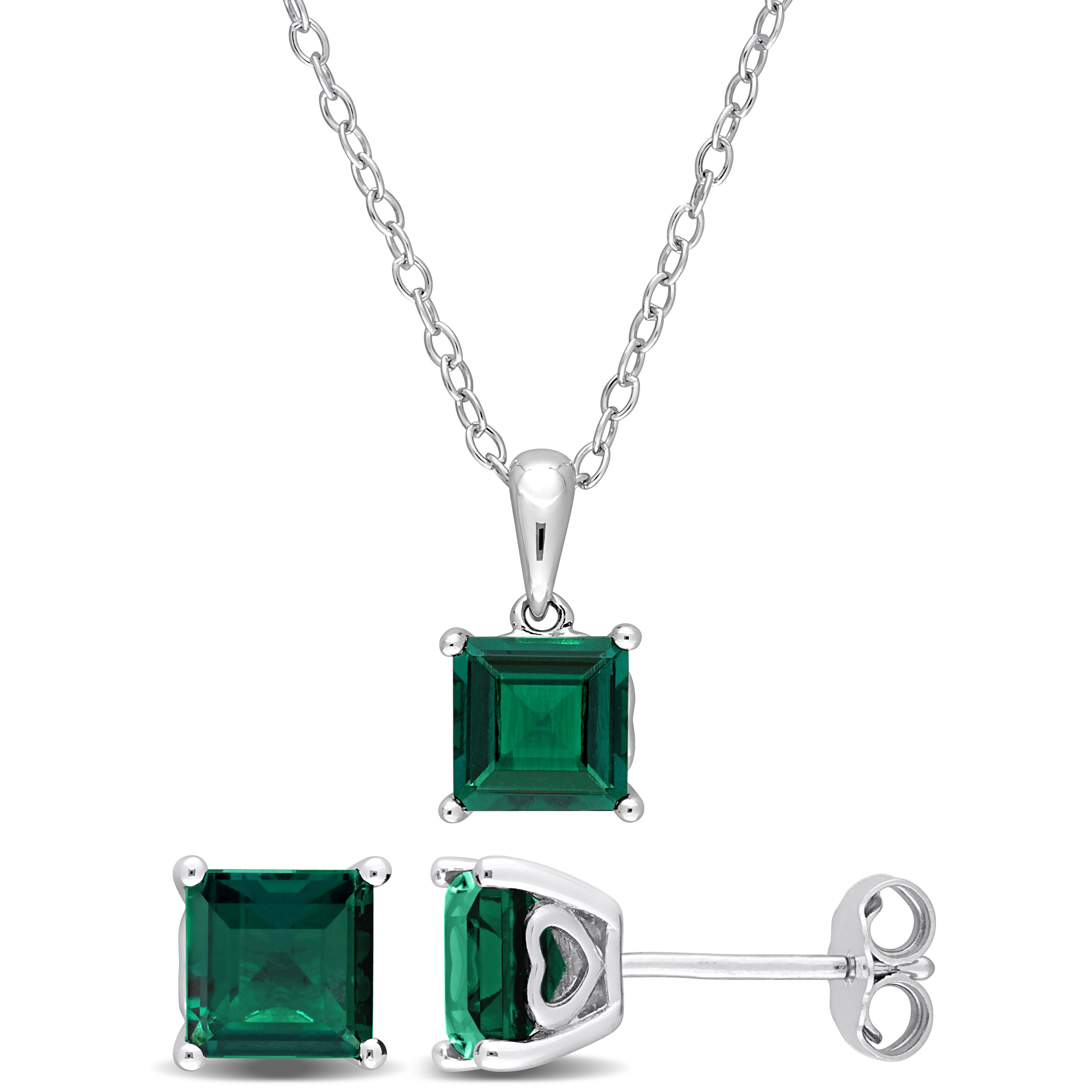 3 2/5 CT TGW Square Created Emerald 2-Piece Set of Pendant with Chain and Earrings in Sterling Silver