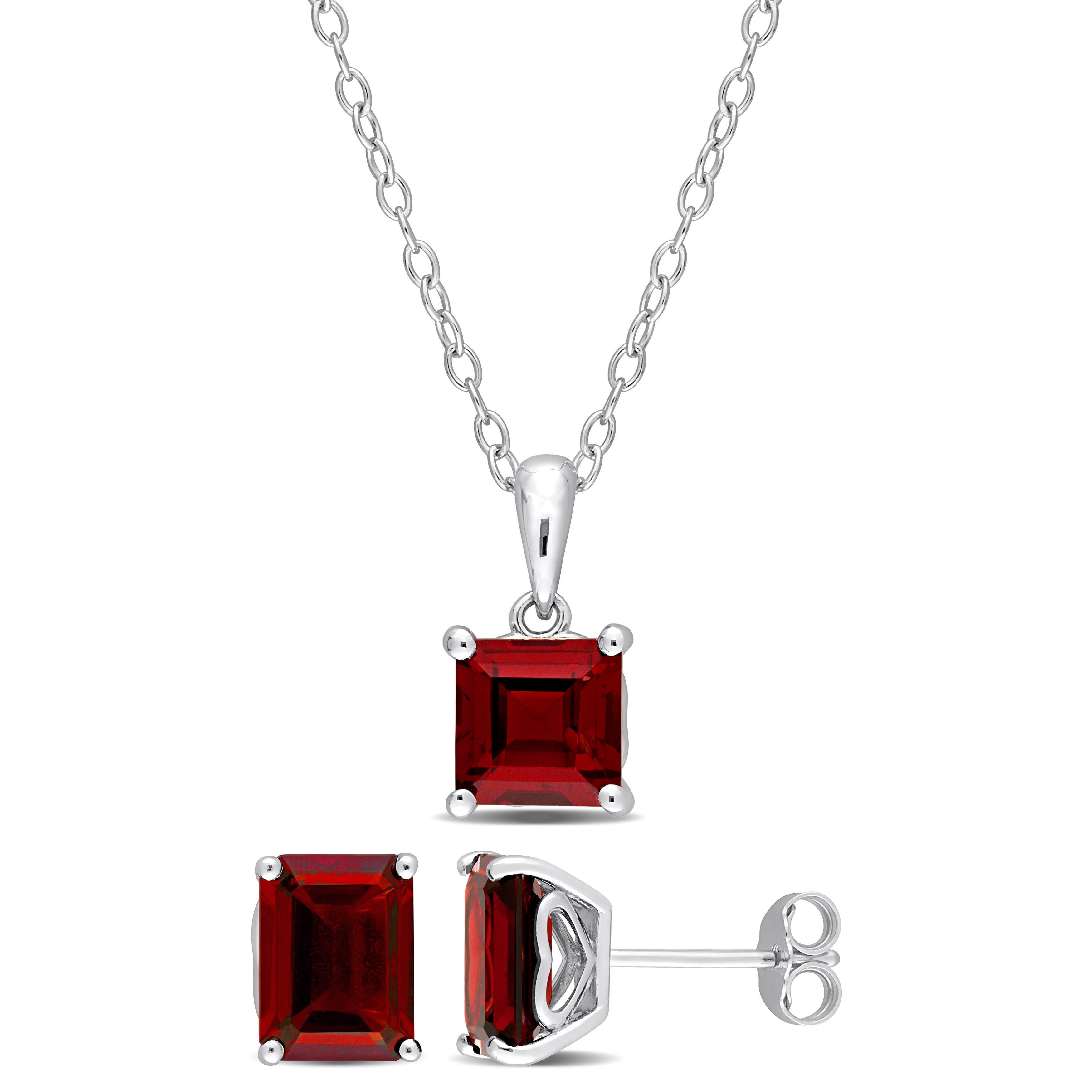 4 1/8 CT TGW Square Garnet 2-Piece Solitaire Pendant with Chain and Stud Earrings Set in Sterling Silver