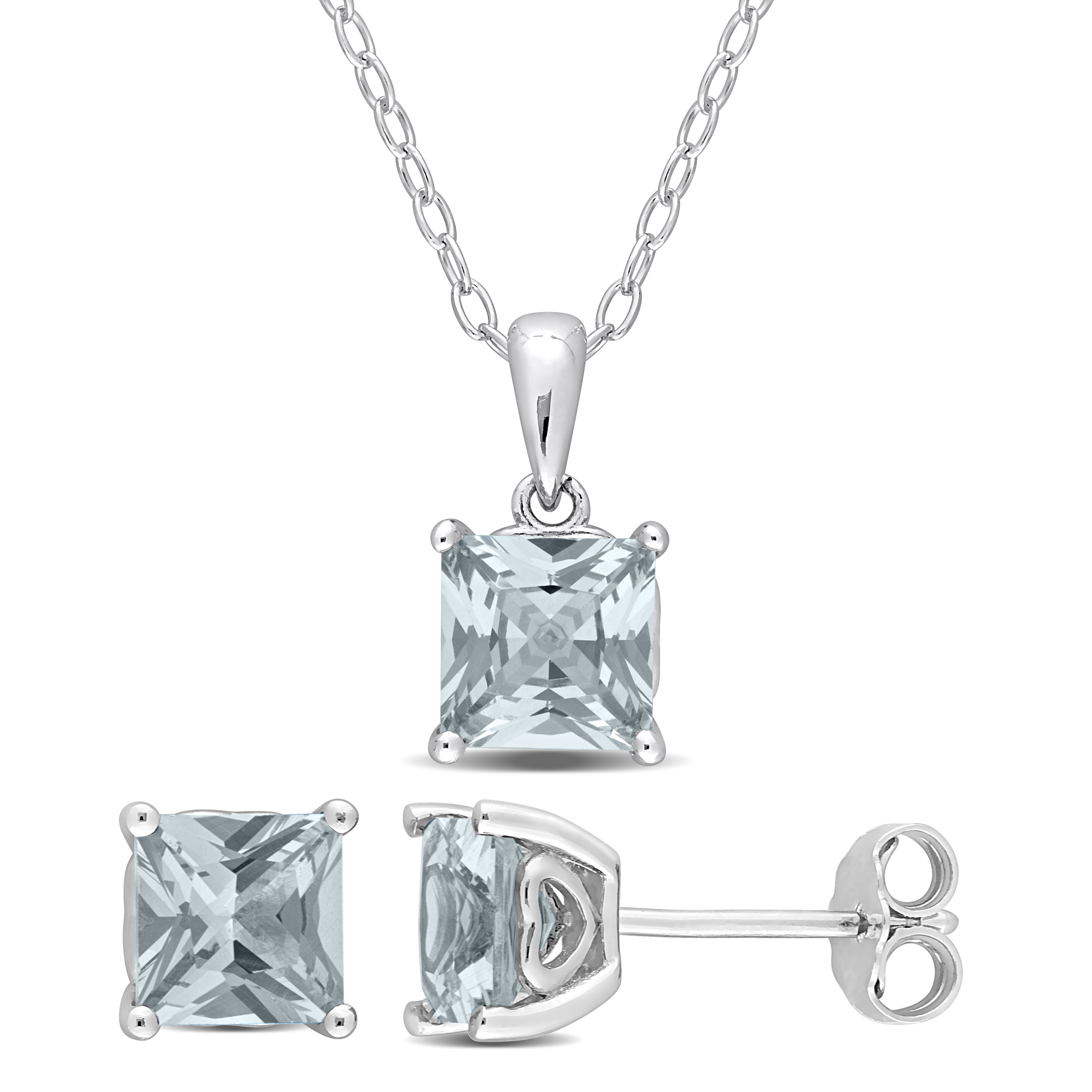3 CT TGW Square Created Spinel (Aquamarine) 2-Piece Set of Pendant with Chain and Earrings in Sterling Silver