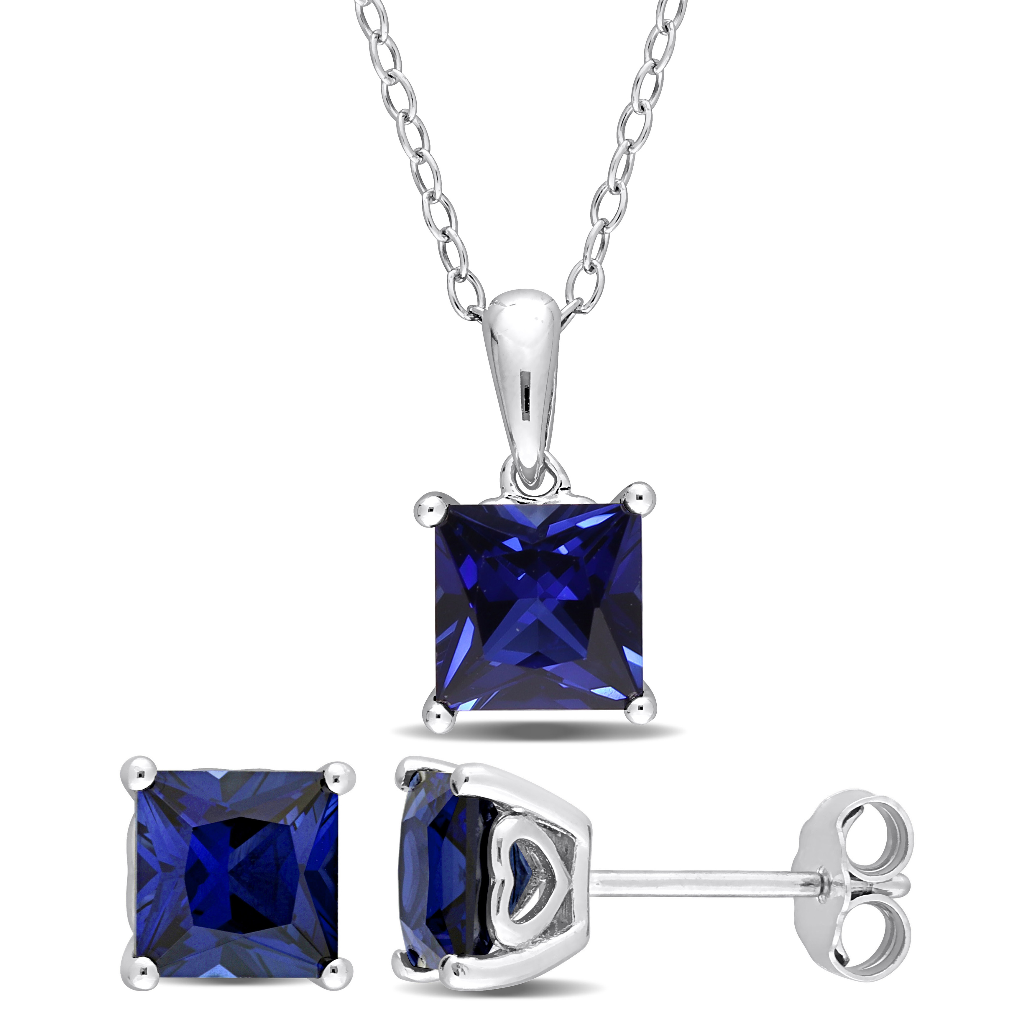 4 CT TGW Square Created Blue Sapphire 2-Piece Solitaire Pendant with Chain and Stud Earrings Set in Sterling Silver