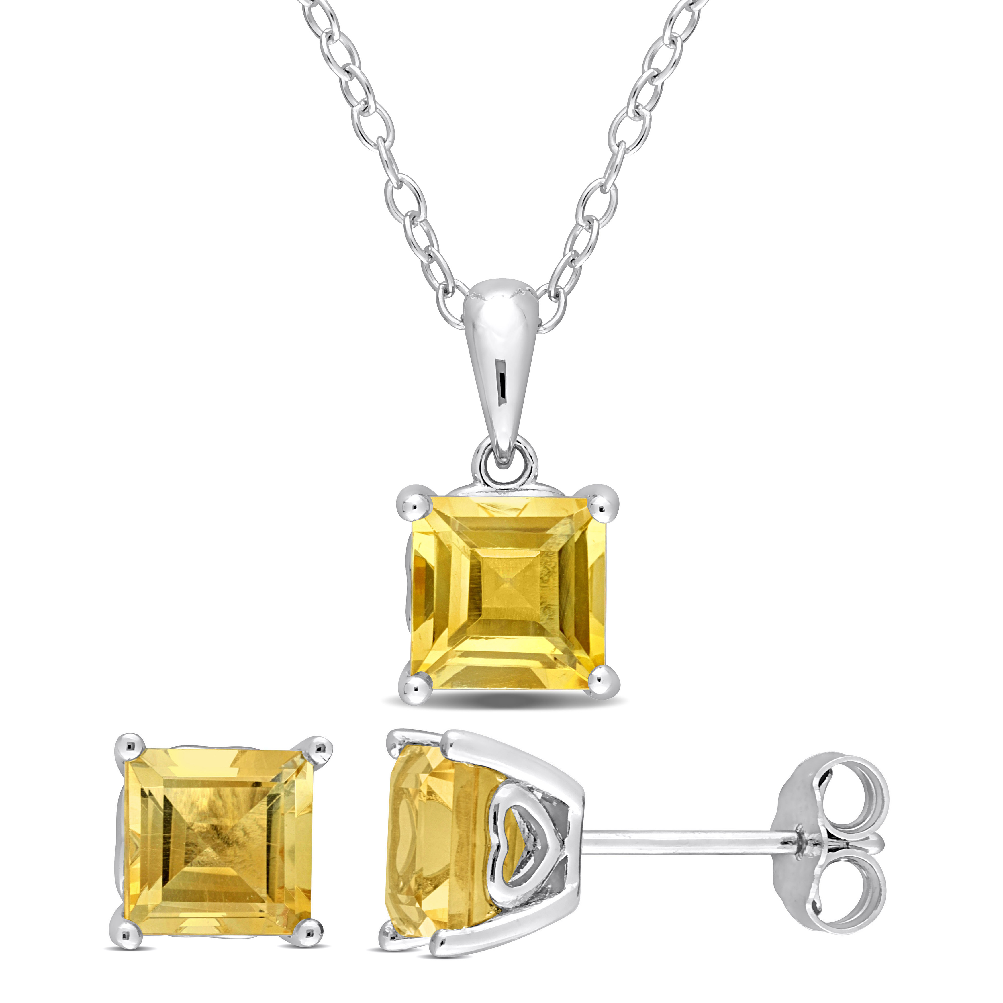 3 1/6 CT TGW Square Citrine 2-Piece Set of Pendant with Chain and Earrings in Sterling Silver