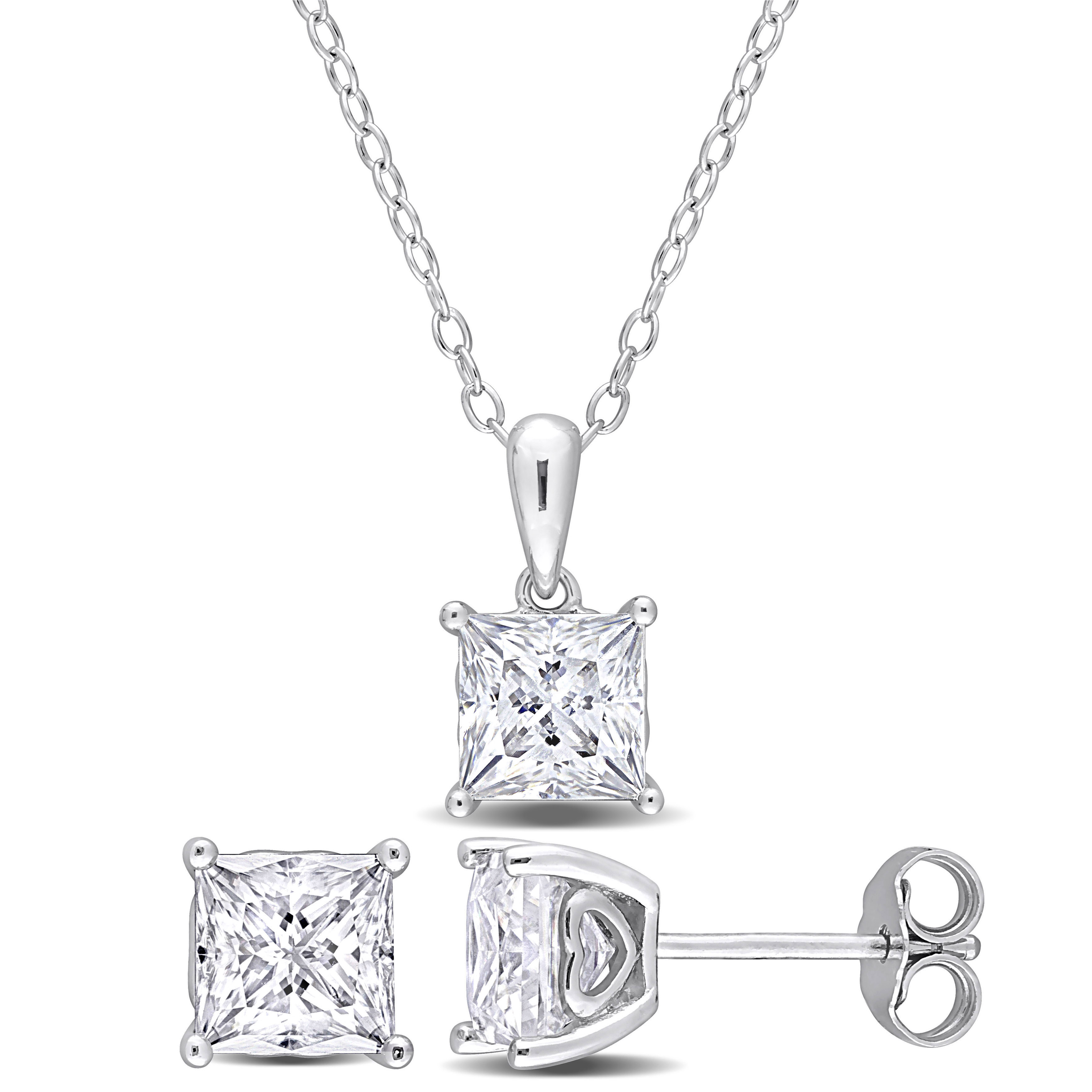 3 3/4 CT TGW Square Created Moissanite 2-Piece Solitaire Pendant with Chain and Stud Earrings Set in Sterling Silver
