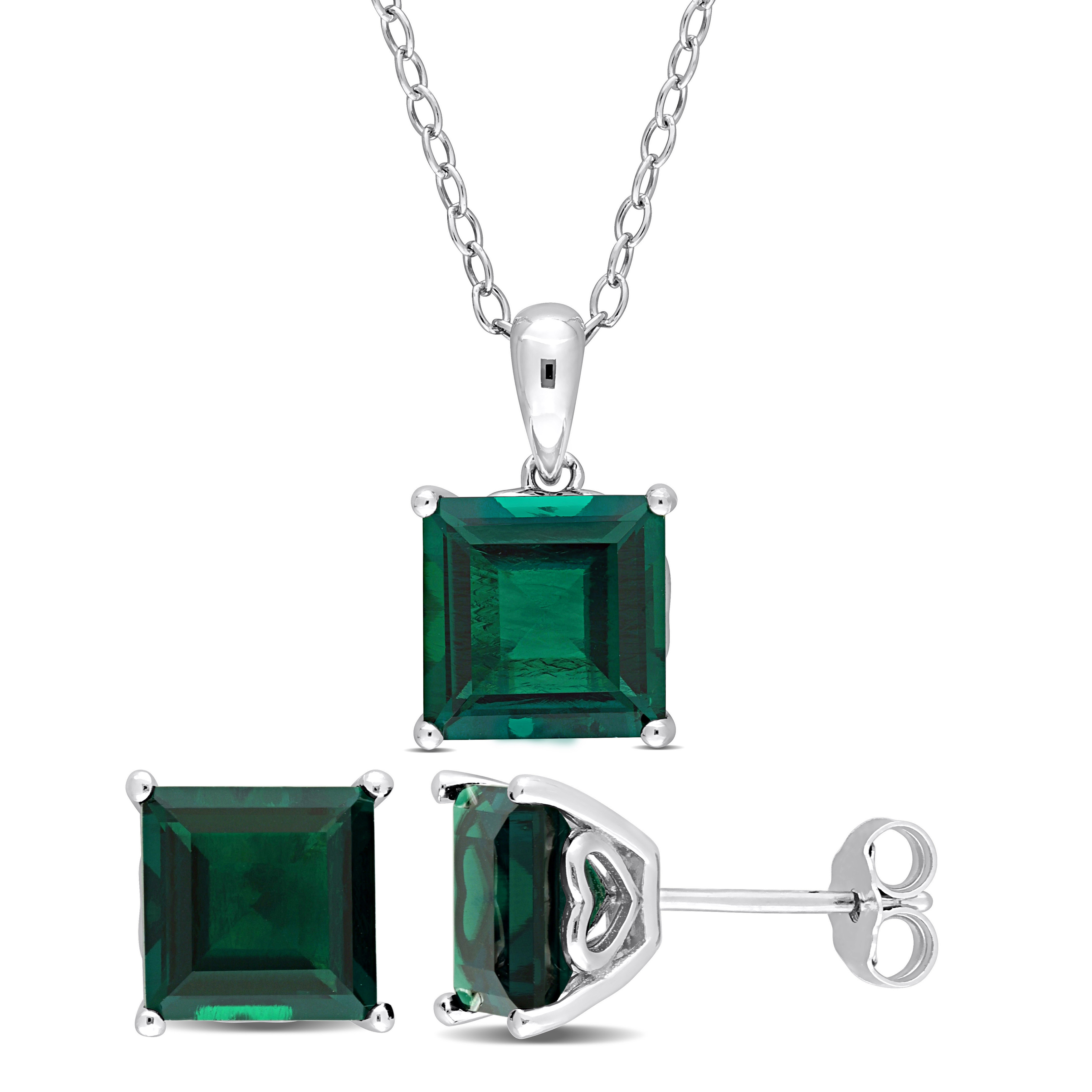 7 5/8 CT TGW Square Created Emerald 2-Piece Solitaire Pendant with Chain and Stud Earrings Set in Sterling Silver
