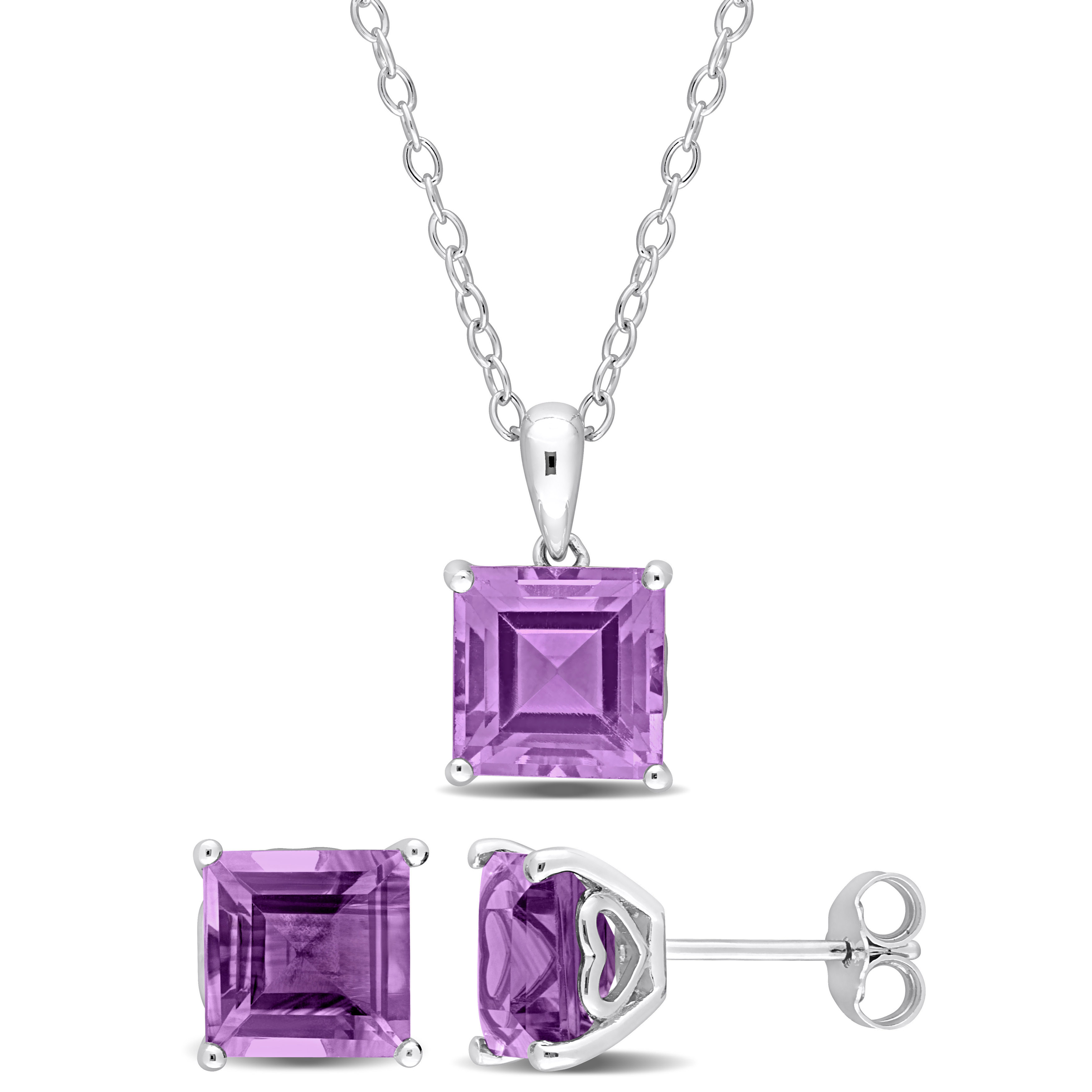 6 3/4 CT TGW Square Amethyst 2-Piece Set of Pendant with Chain and Earrings in Sterling Silver