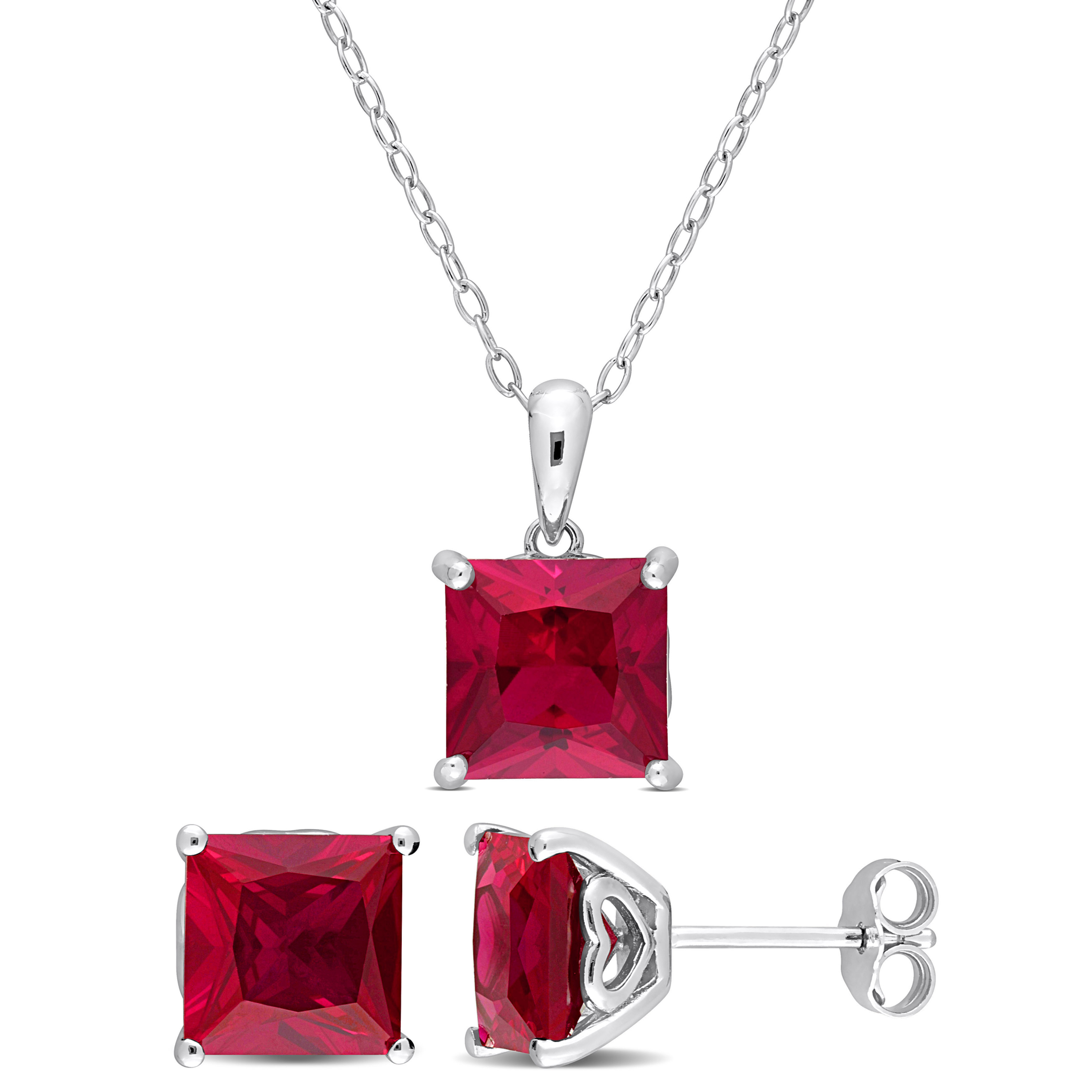 9 1/6 CT TGW Square Created Ruby 2-Piece Set of Pendant with Chain and Earrings in Sterling Silver