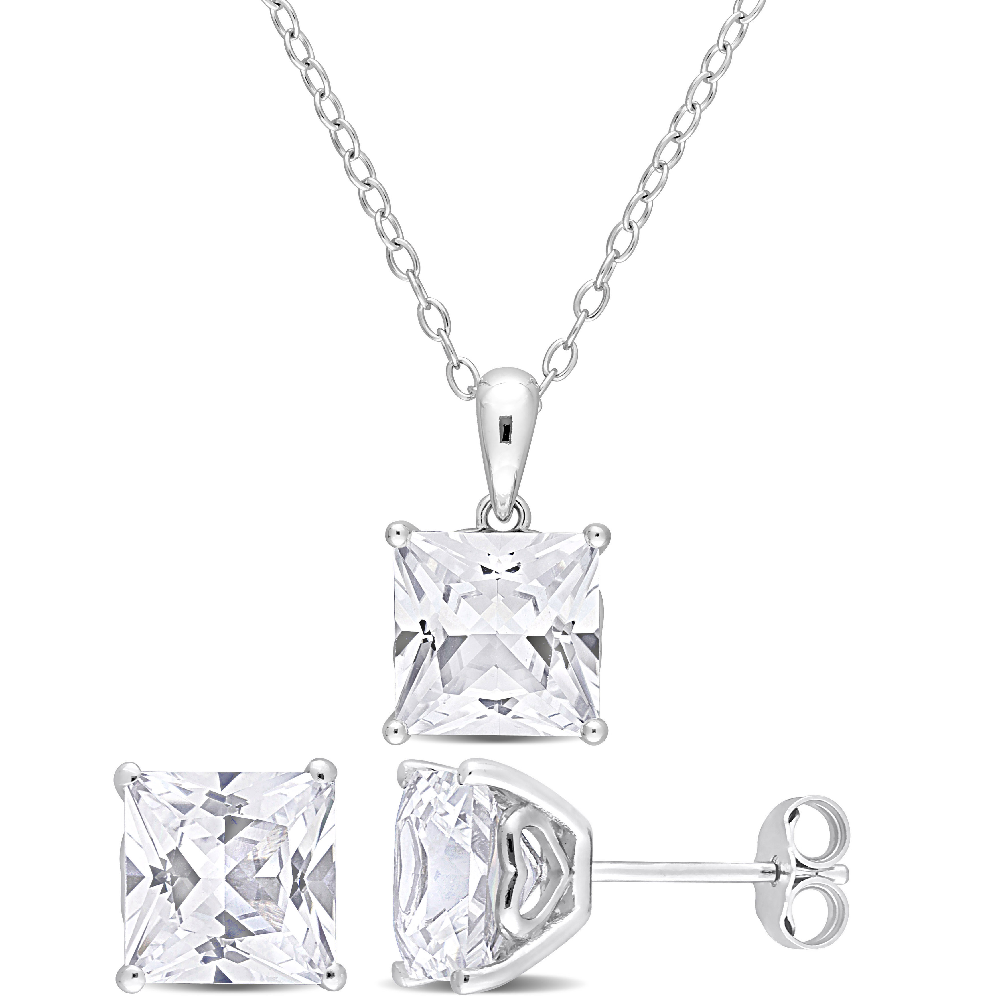 9 1/6 CT TGW Square Created White Sapphire 2-Piece Solitaire Pendant with Chain and Stud Earrings Set in Sterling Silver