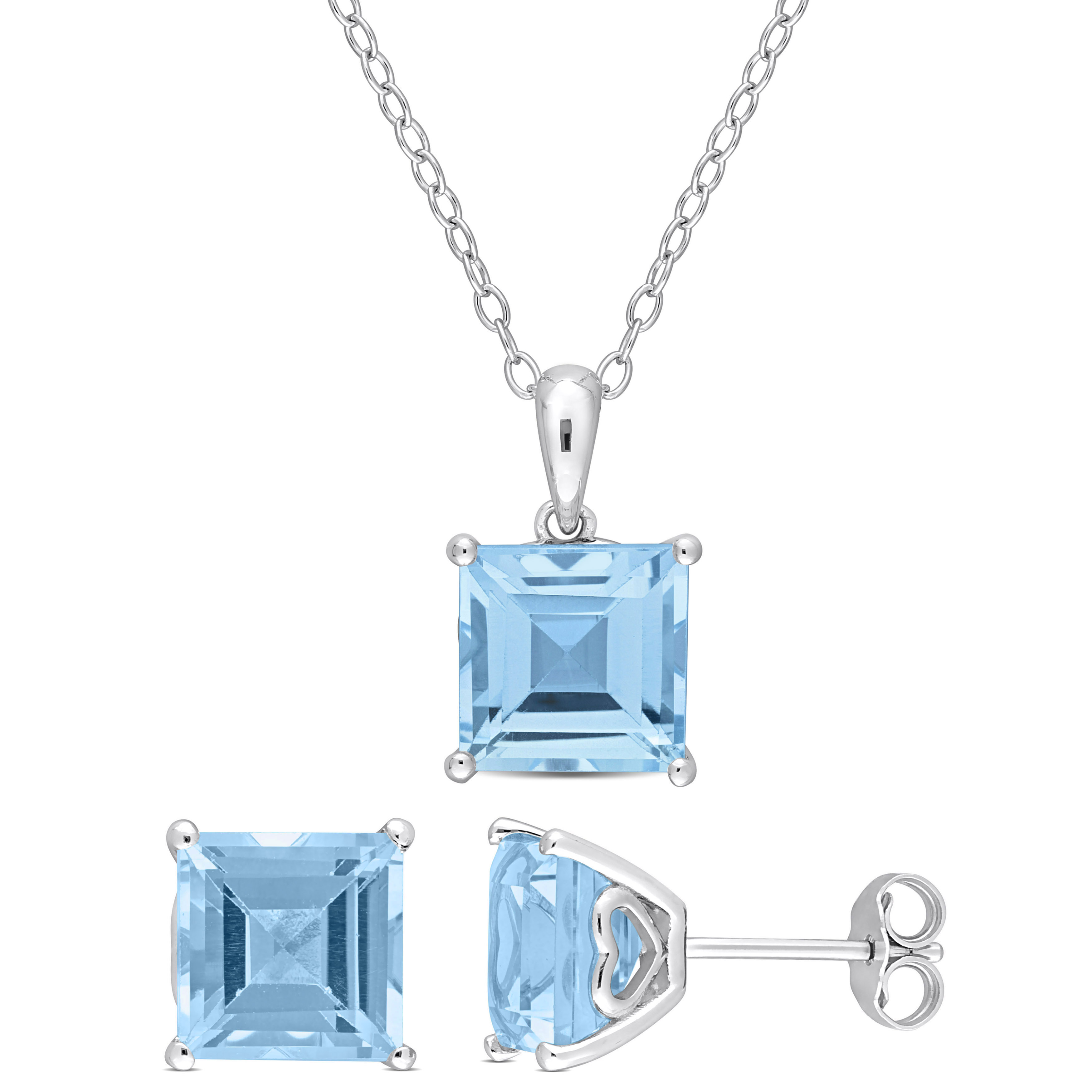 9 CT TGW Square Sky Blue Topaz 2-Piece Set of Pendant with Chain and Earrings in Sterling Silver