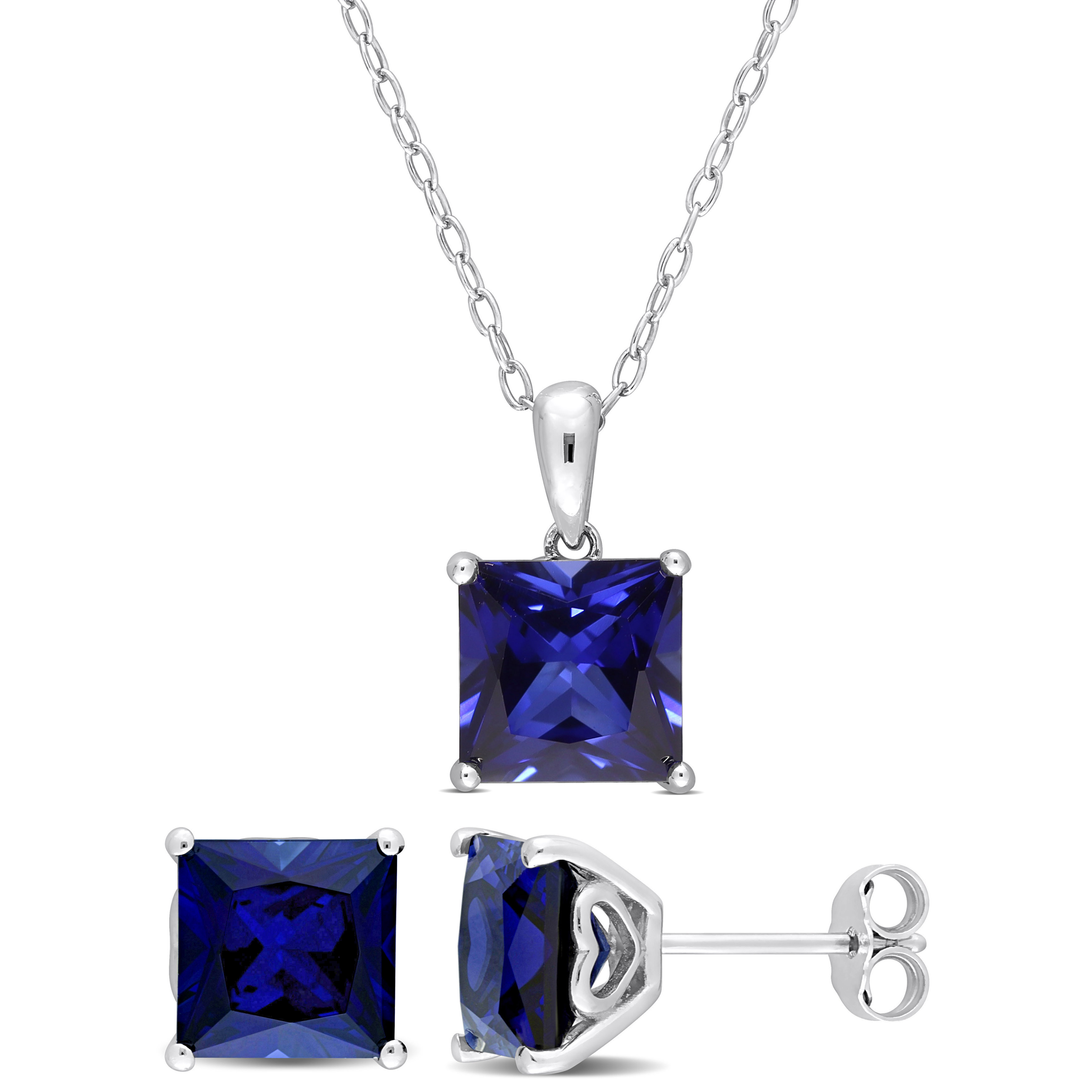 9 1/6 CT TGW Square Created Blue Sapphire 2-Piece Solitaire Pendant with Chain and Stud Earrings Set in Sterling Silver