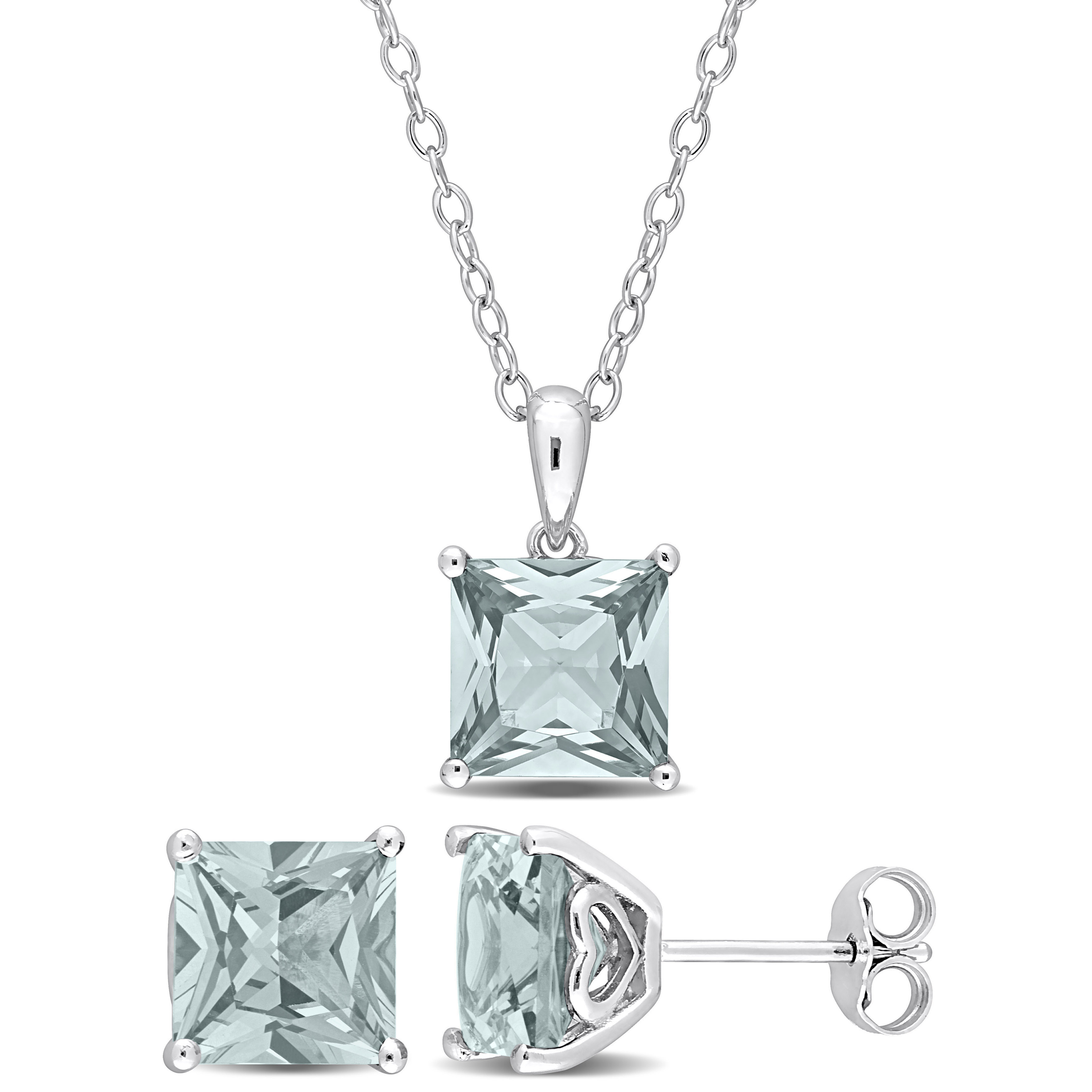 6 CT TGW Square Created Spinel (Aquamarine) 2-Piece Set of Pendant with Chain and Earrings in Sterling Silver