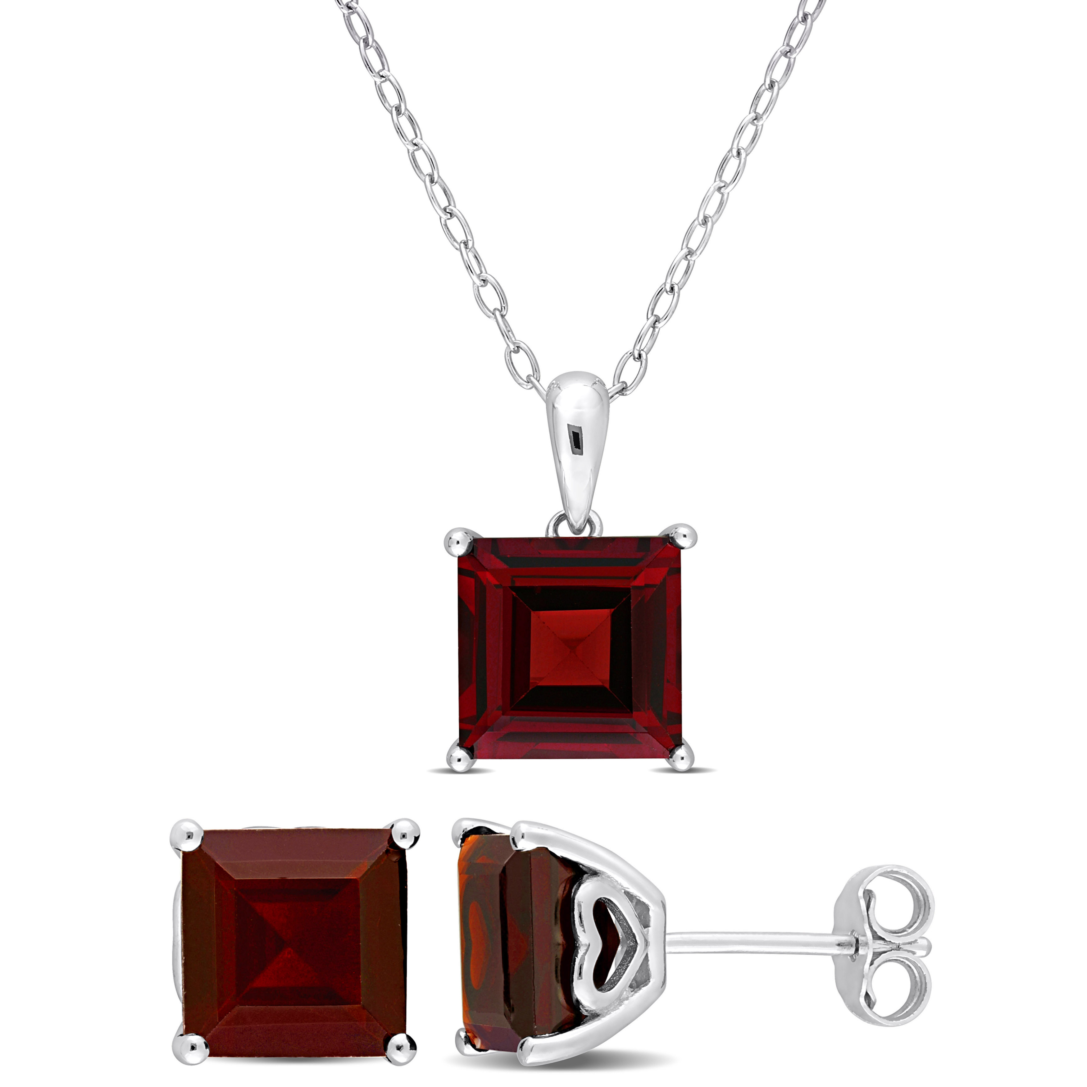 9 1/3 CT TGW Garnet 2-Piece Solitaire Pendant with Chain and Stud Earrings Set in Sterling Silver