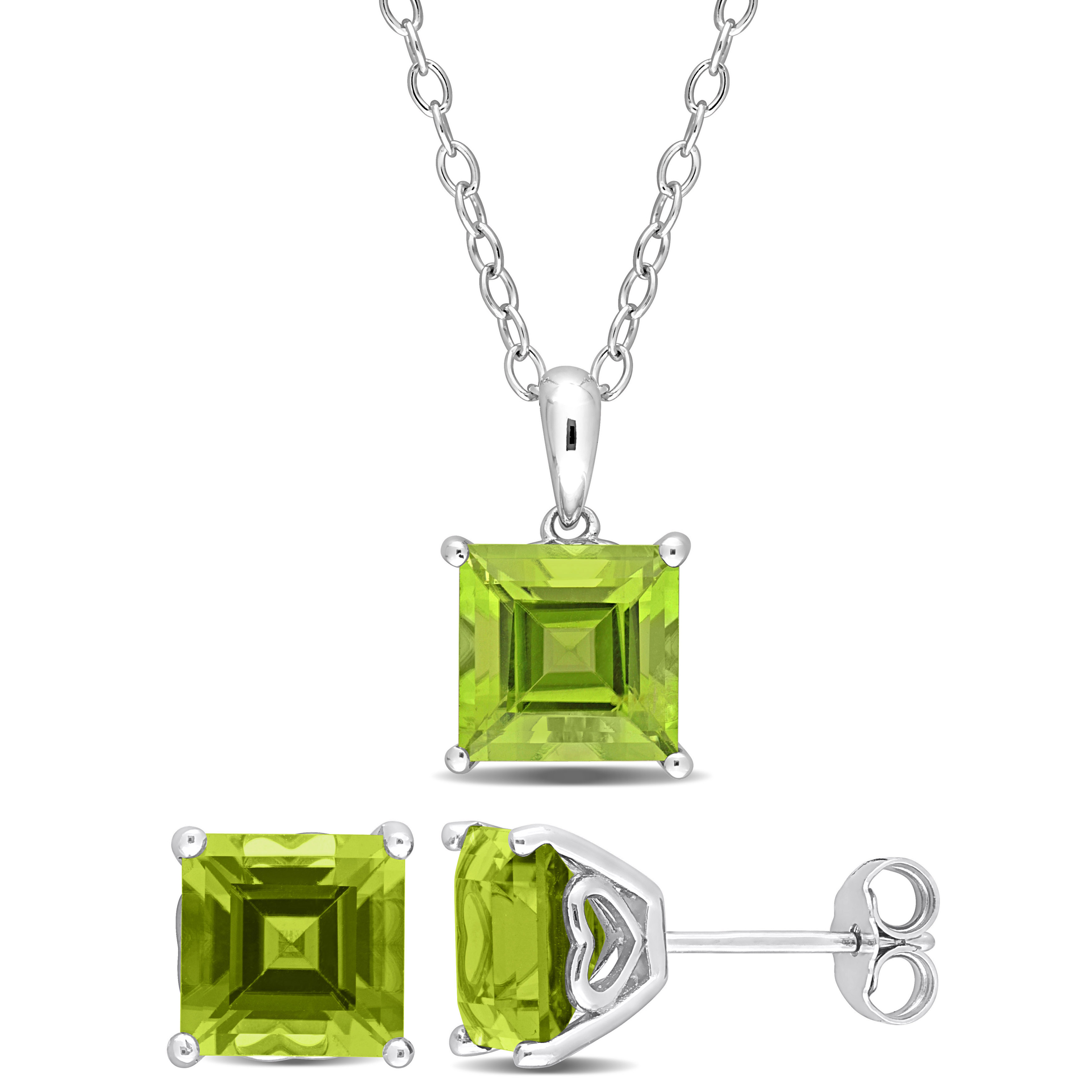 7 1/5 CT TGW Square Peridot 2-Piece Set of Pendant with Chain and Earrings in Sterling Silver