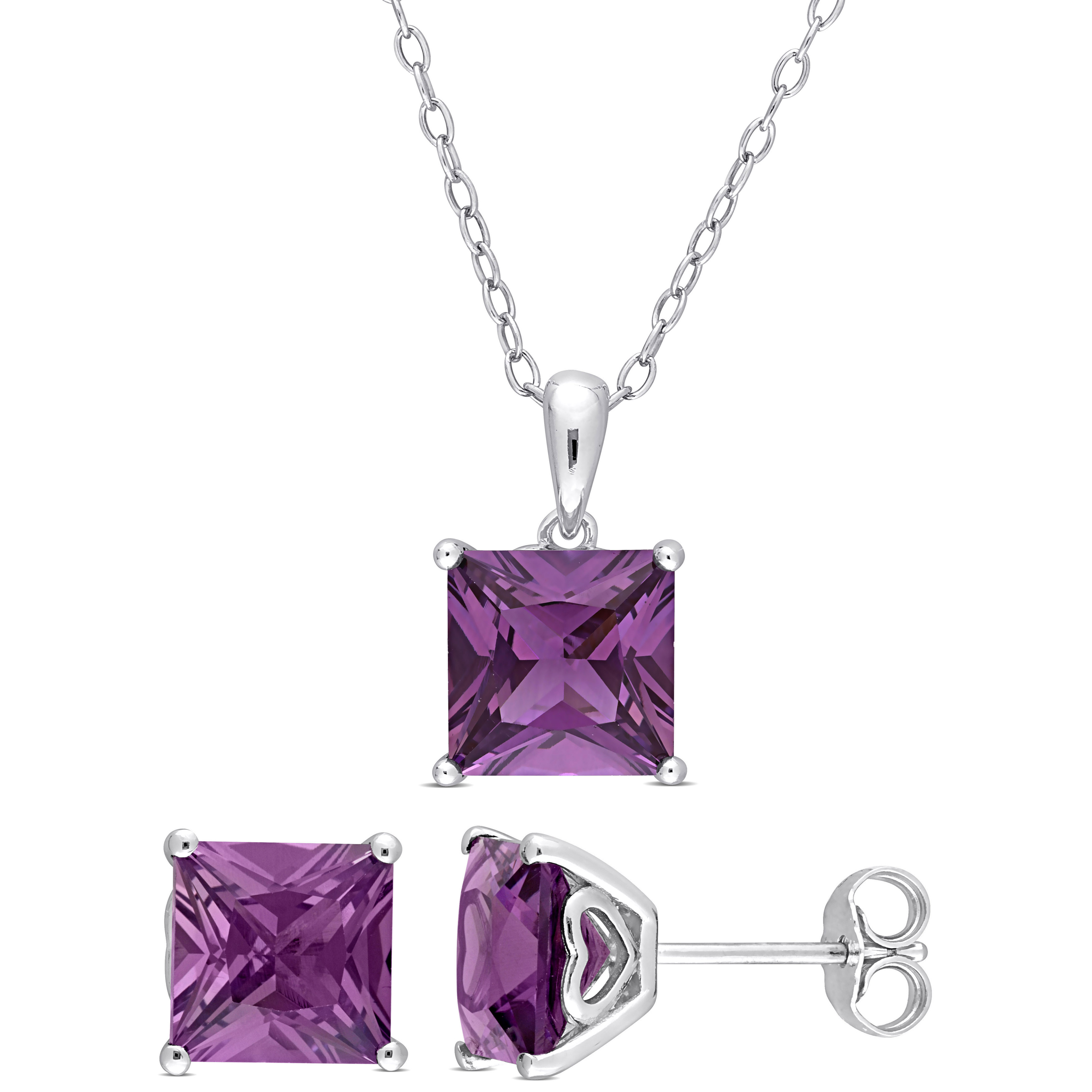 7 5/8 CT TGW Square Simulated Alexandrite 2-Piece Set of Pendant with Chain and Earrings in Sterling Silver