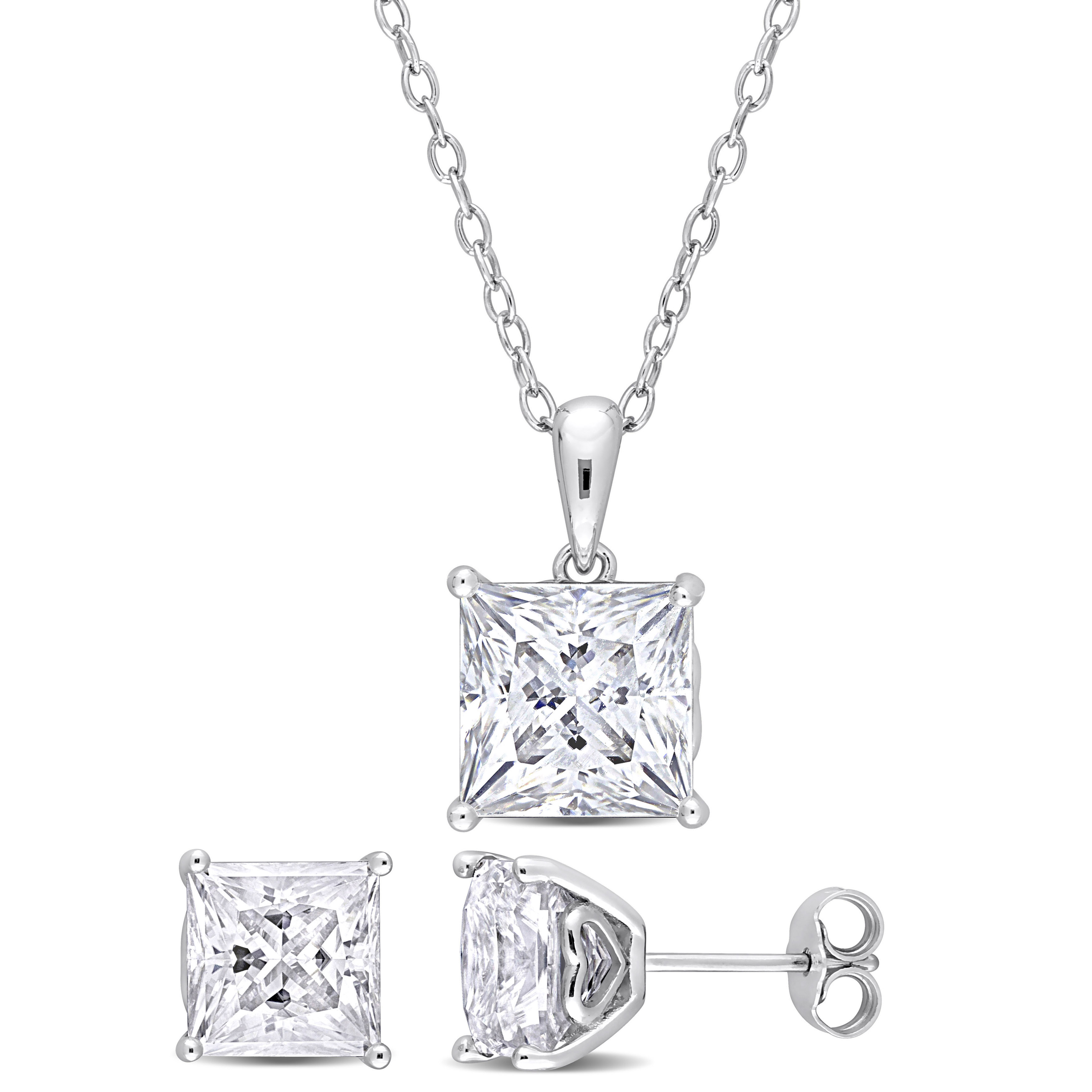9 CT TGW Square Created Moissanite 2-Piece Solitaire Pendant with Chain and Stud Earrings Set in Sterling Silver