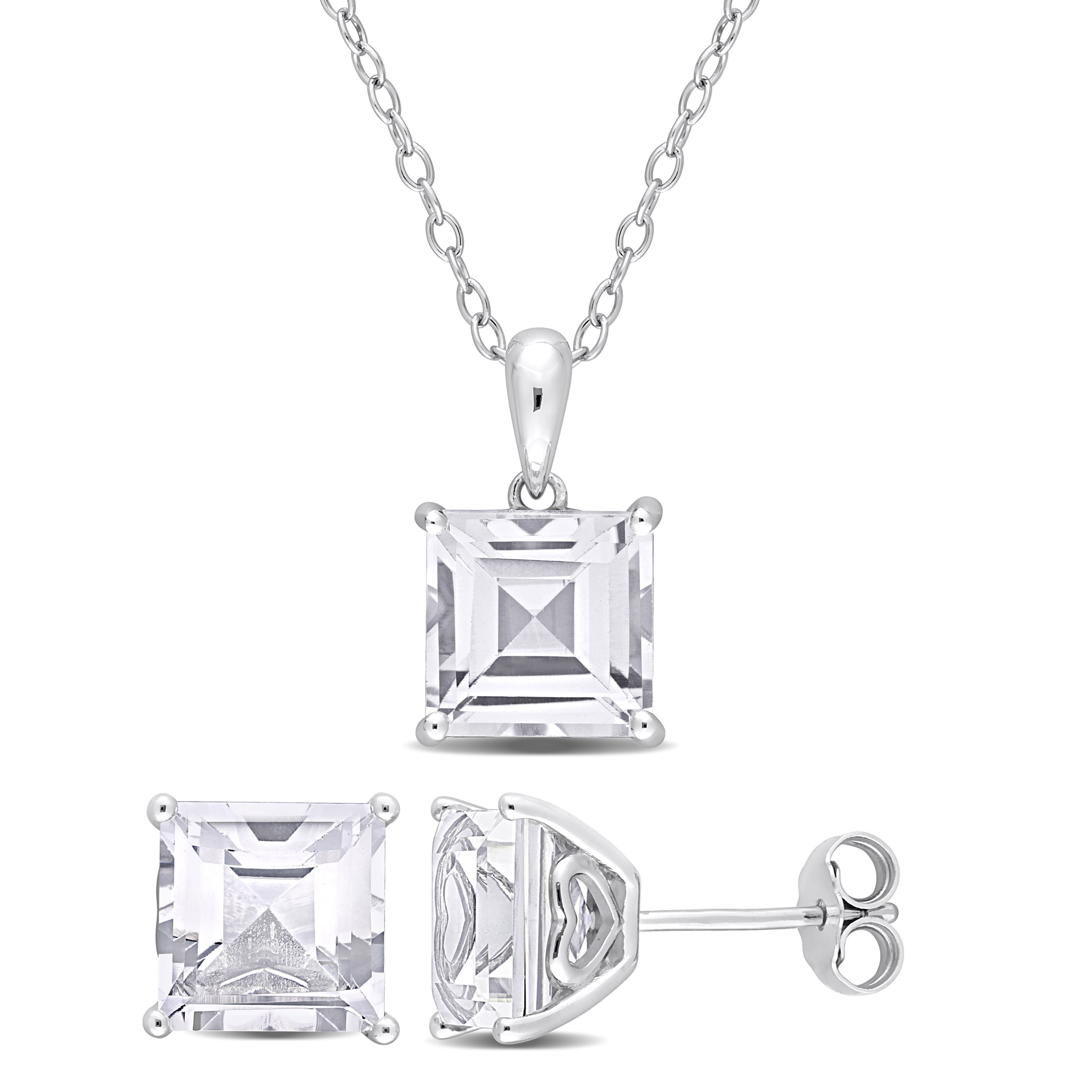 9 CT TGW Square White Topaz 2-Piece Set of Pendant with Chain and Earrings in Sterling Silver