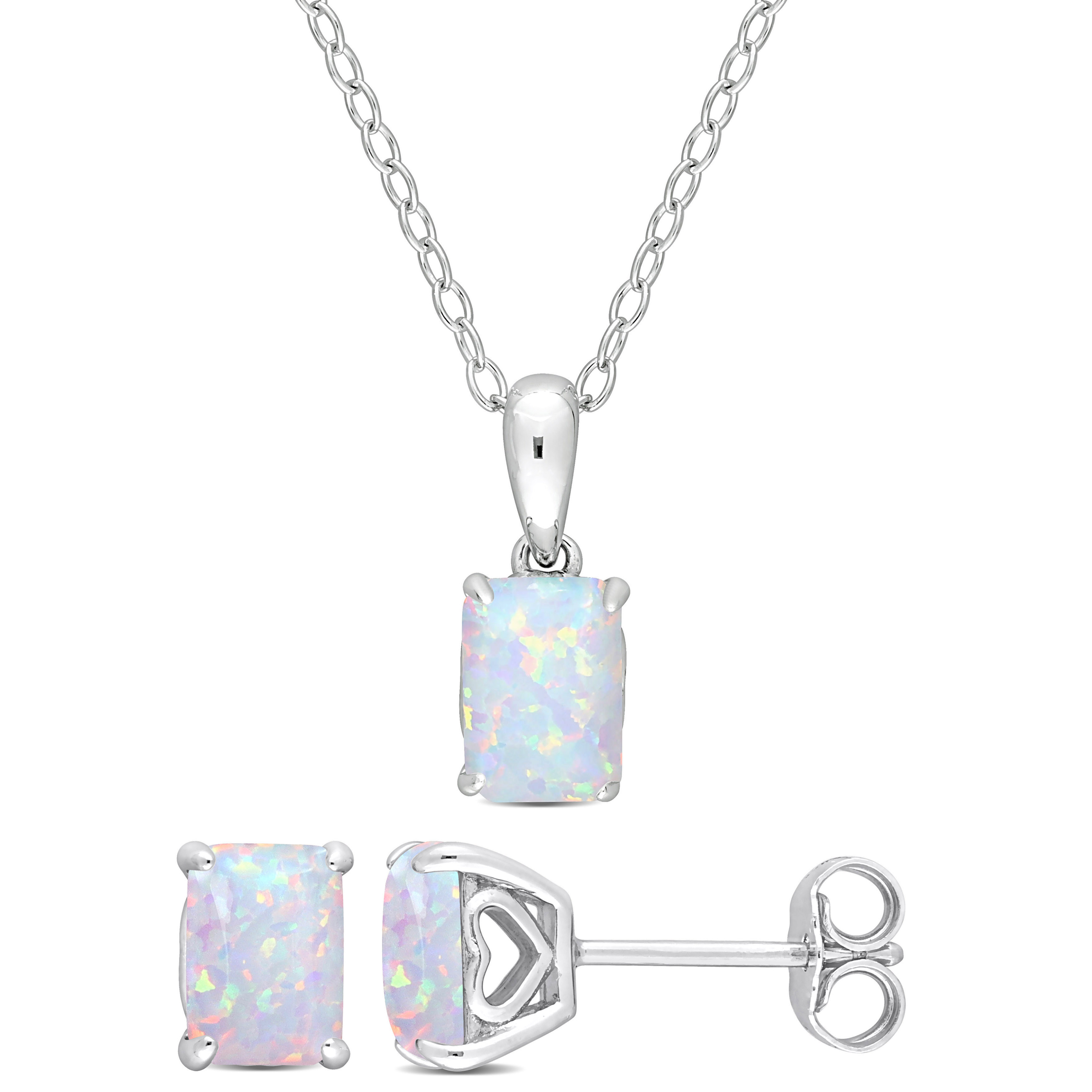 2 1/10 CT TGW Emerald-Cut and Octagon Created Opal 2-Piece Set of Pendant with Chain and Earrings in Sterling Silver