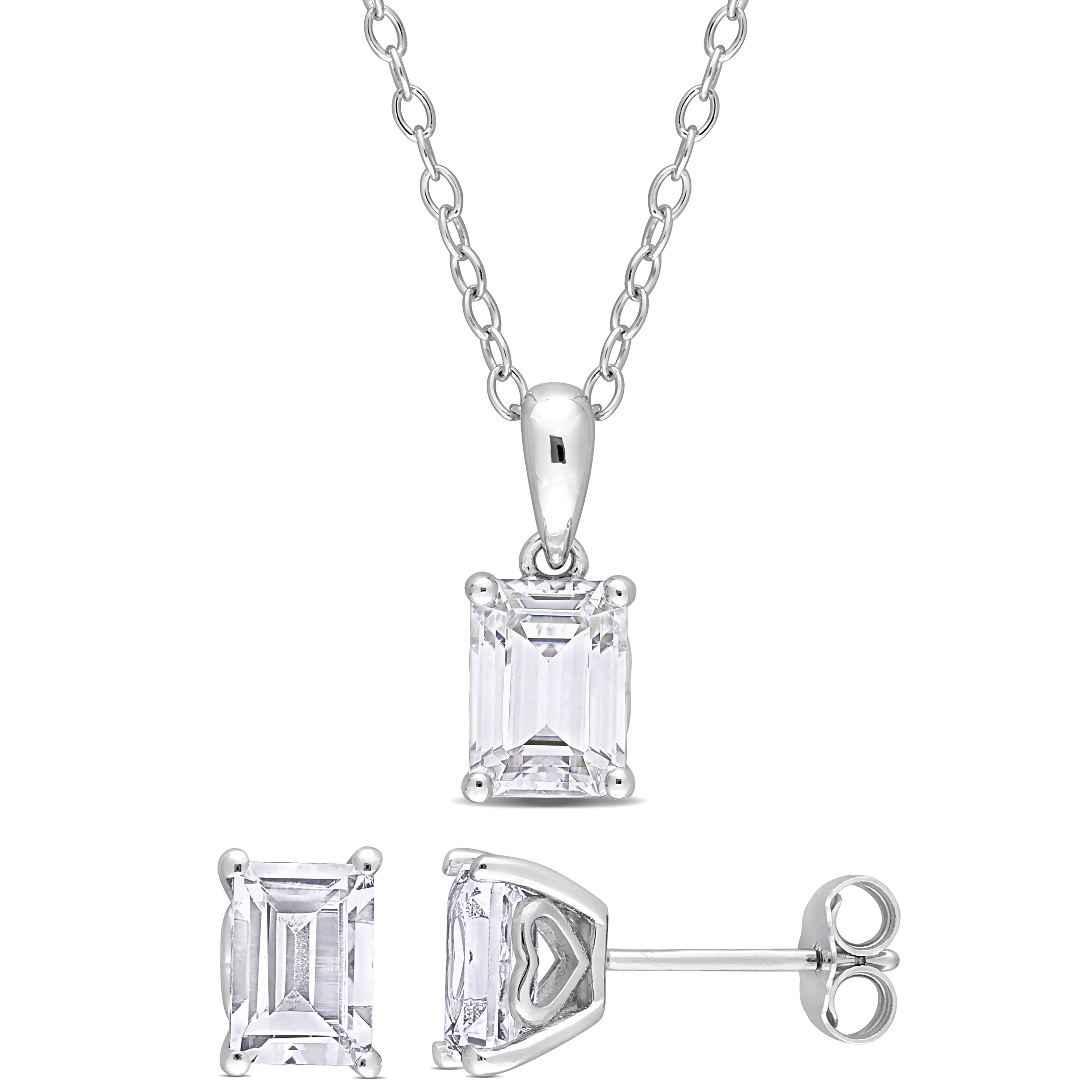 3 3/4 CT TGW Emerald-Cut and Octagon White Topaz 2-Piece Solitaire Pendant with Chain and Stud Earrings Set in Sterling Silver
