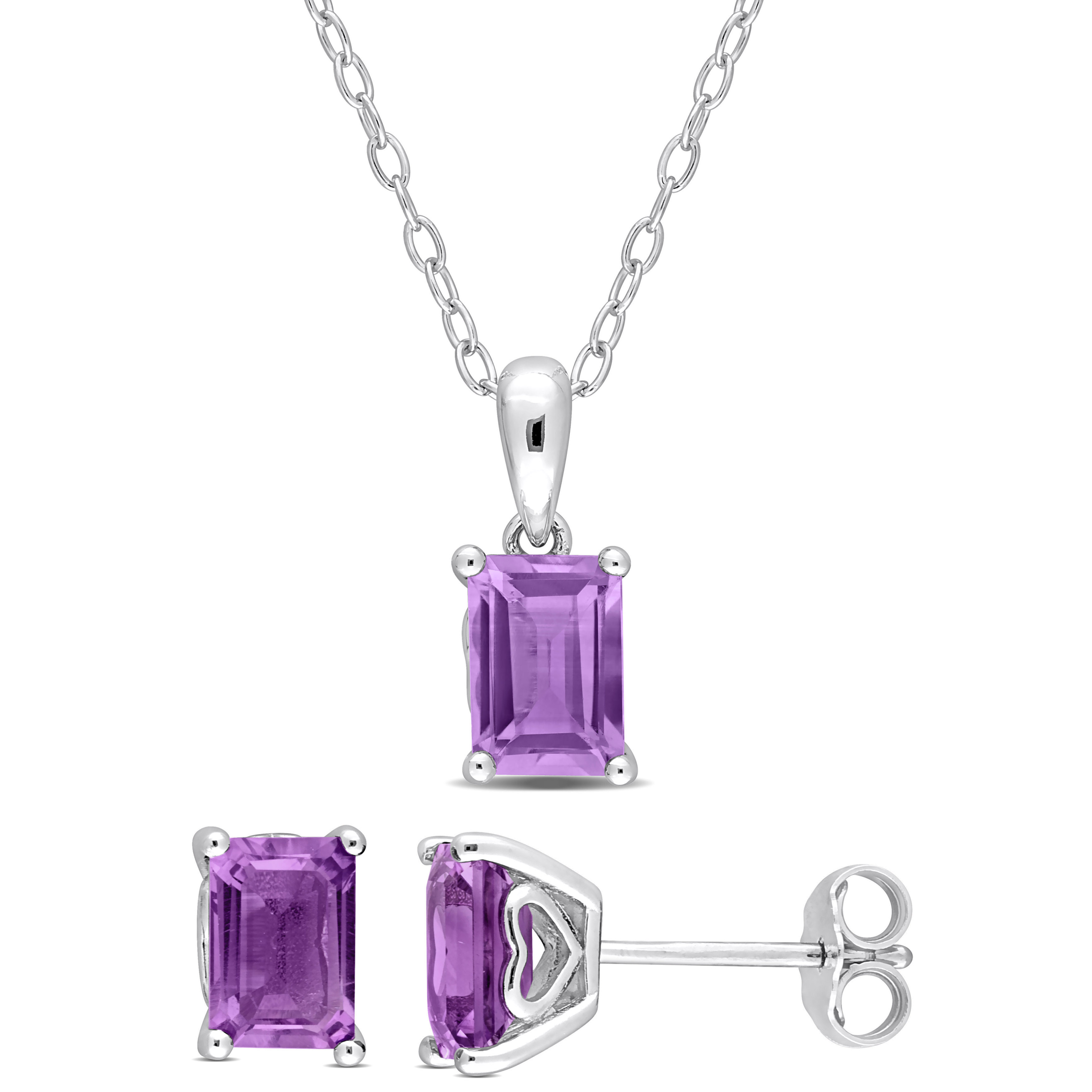 3 CT TGW Emerald-Cut and Octagon Amethyst 2-Piece Set of Pendant with Chain and Earrings in Sterling Silver