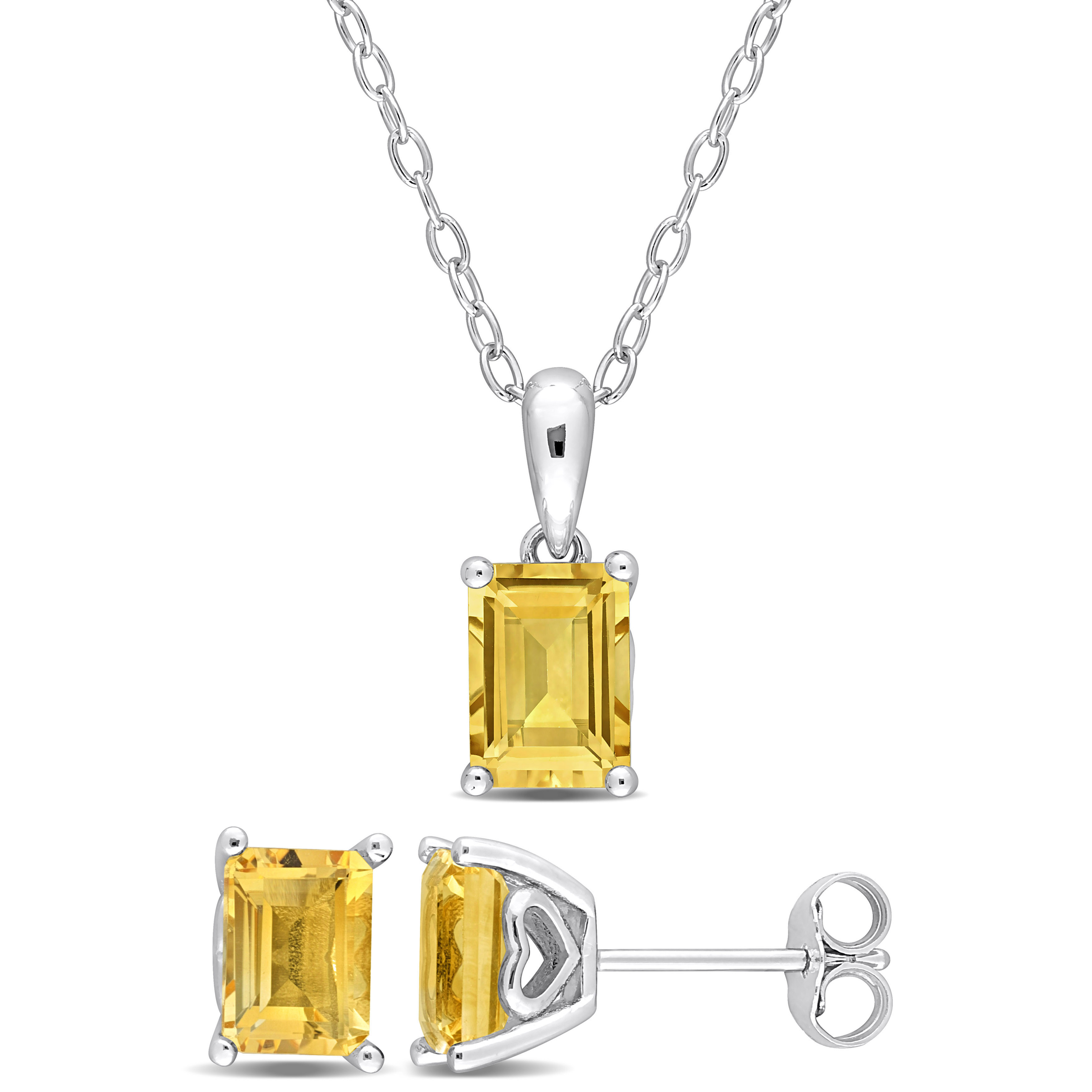 3 3/8 CT TGW Emerald-Cut and Octagon Citrine 2-Piece Set of Pendant with Chain and Earrings in Sterling Silver