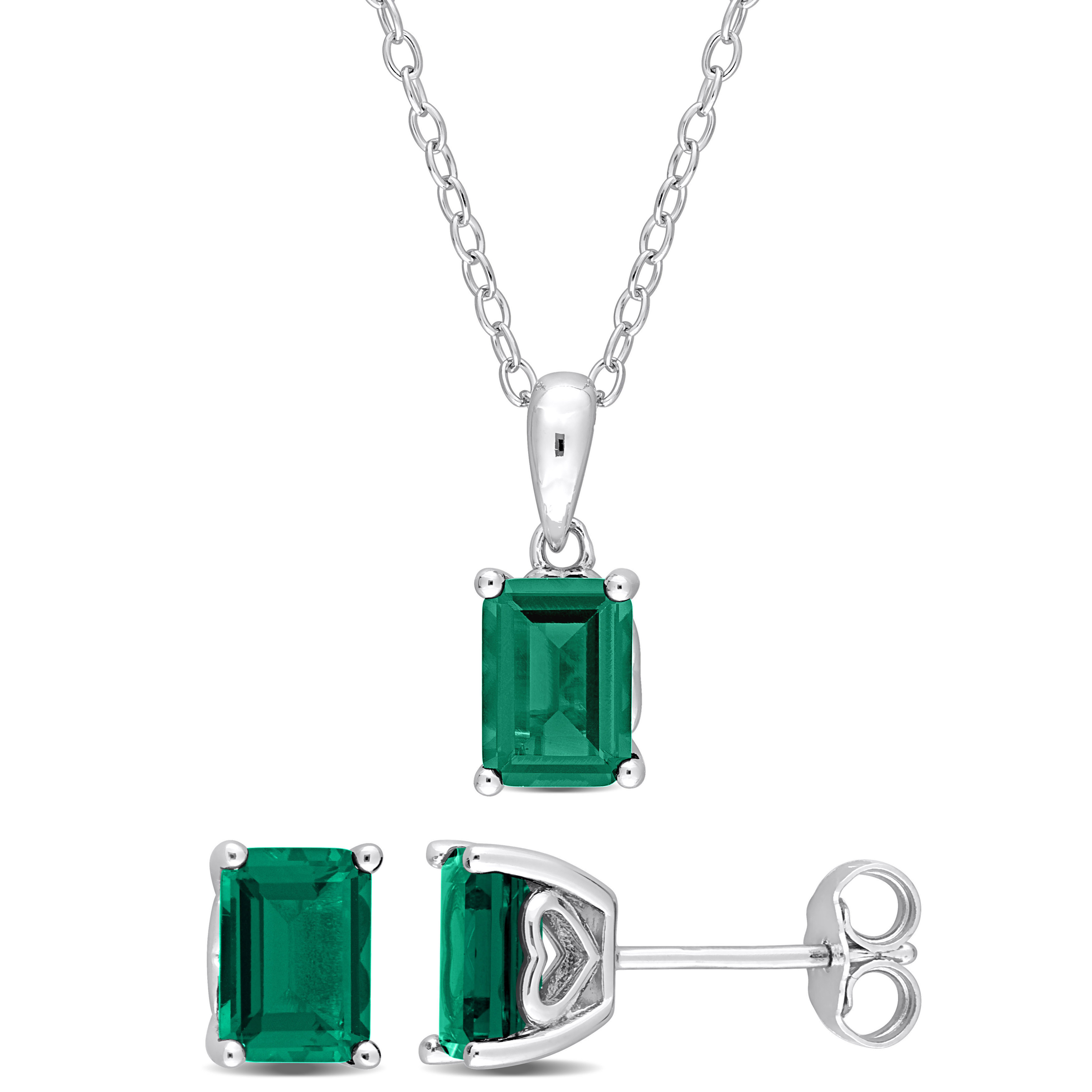 2 3/4 CT TGW Emerald-Cut and Octagon Created Emerald 2-Piece Solitaire Pendant with Chain and Stud Earrings Set in Sterling Silver