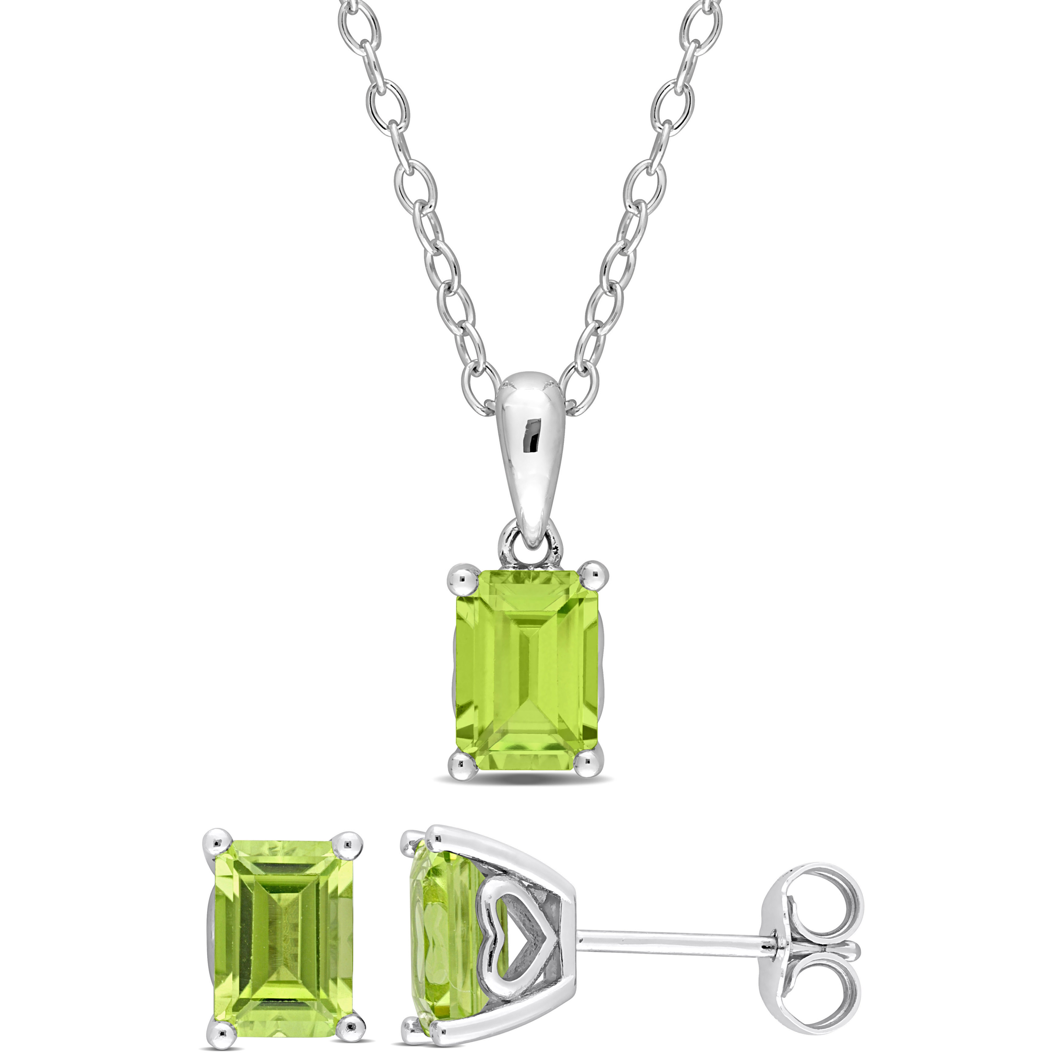 2 7/8 CT TGW Emerald-Cut and Octagon Peridot 2-Piece Solitaire Pendant with Chain and Stud Earrings Set in Sterling Silver