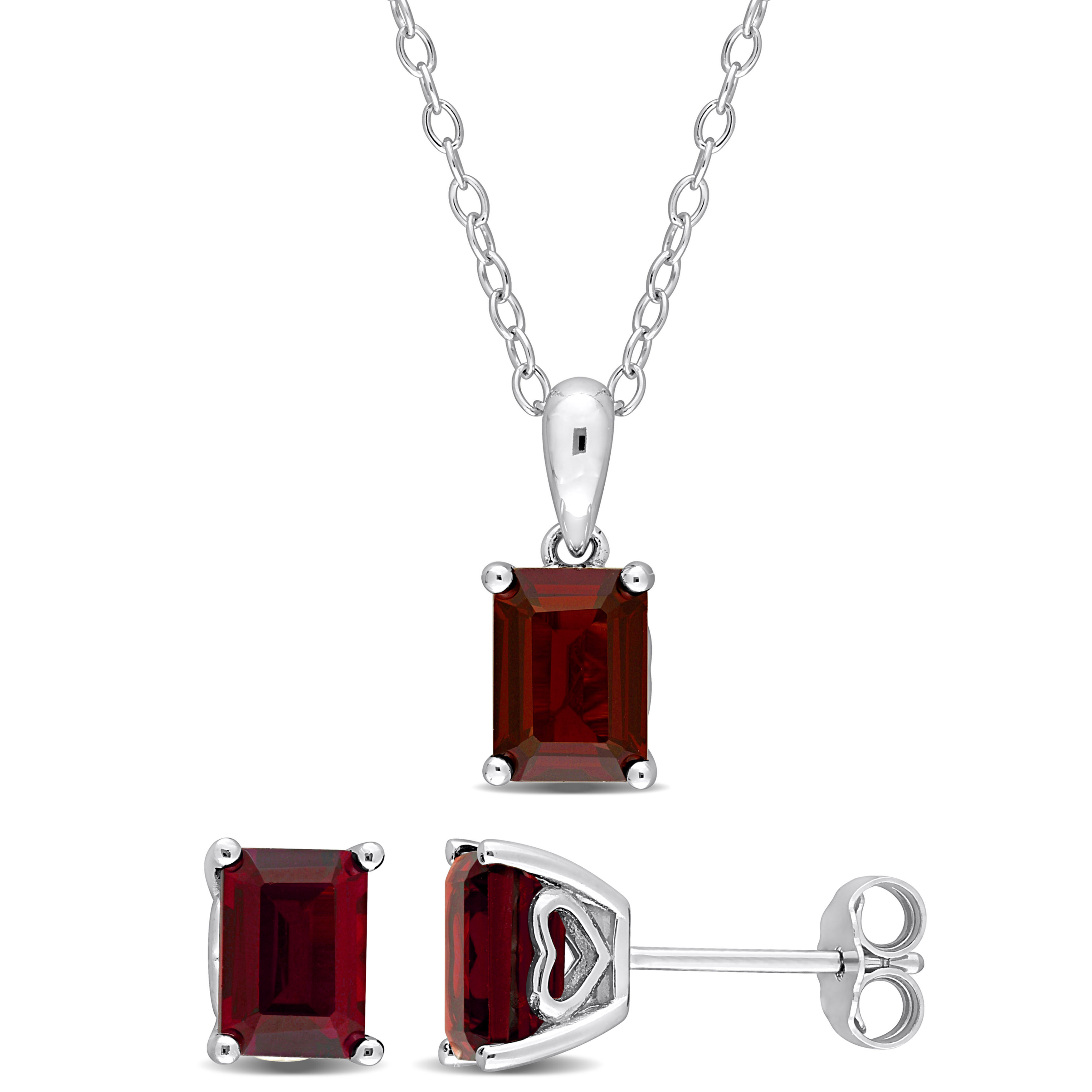 3 3/4 CT TGW Emerald-Cut and Octagon Garnet 2-Piece Solitaire Pendant with Chain and Stud Earrings Set in Sterling Silver