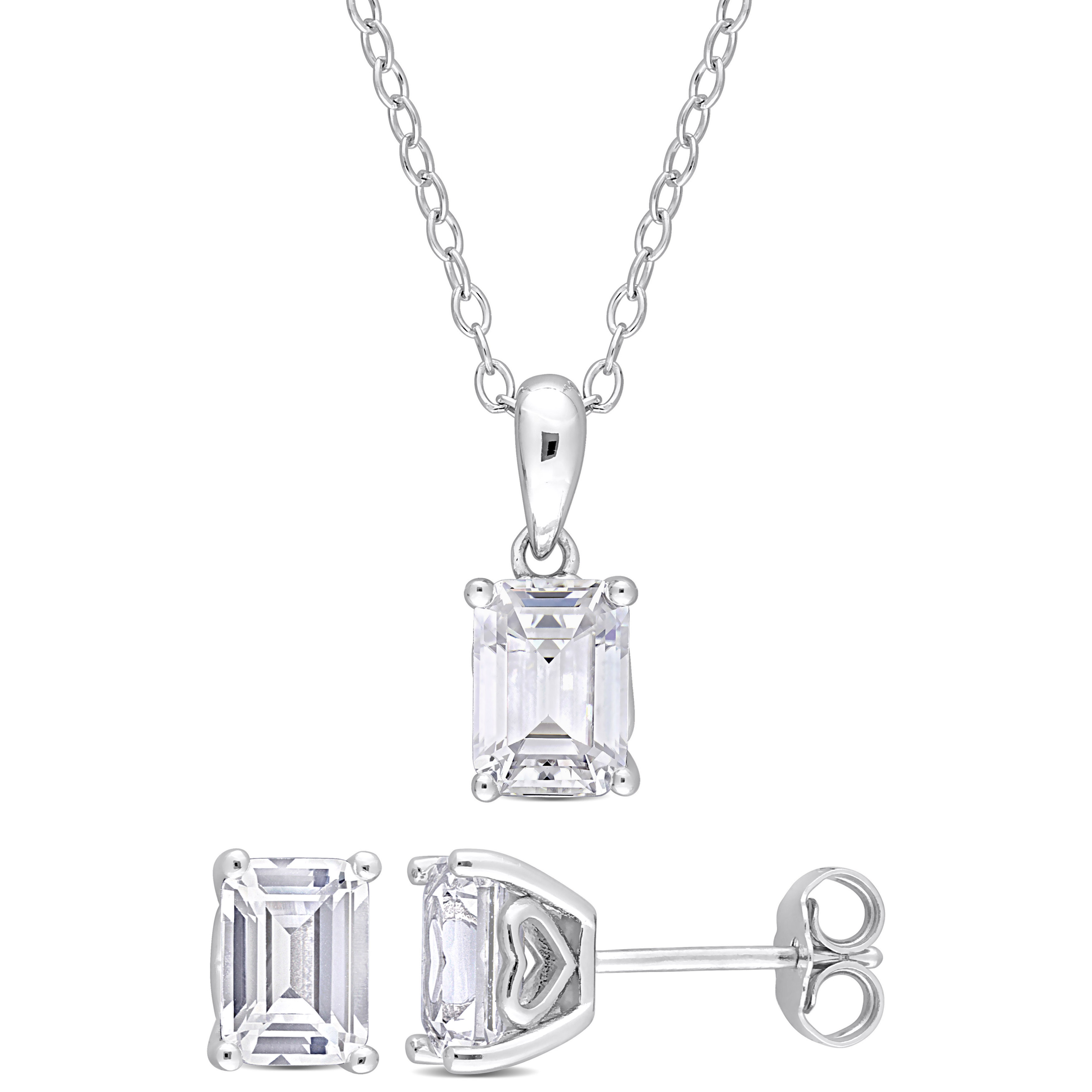 4 3/4 CT TGW Emerald-Cut and Octagon Created White Sapphire 2-Piece Solitaire Pendant with Chain and Stud Earrings Set in Sterling Silver