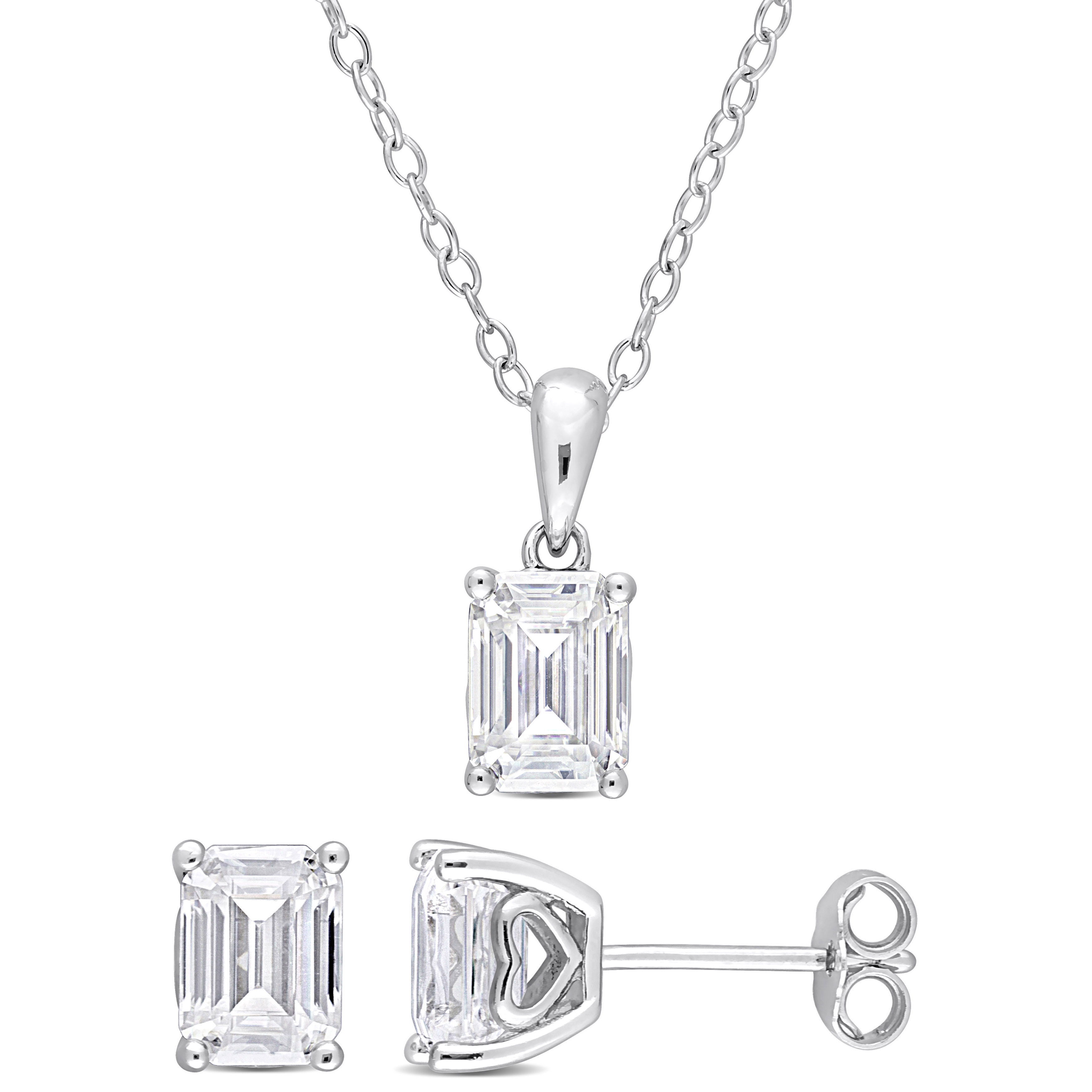 3 CT TGW Emerald-Cut and Octagon Created Moissanite 2-Piece Solitaire Pendant with Chain and Stud Earrings Set in Sterling Silver