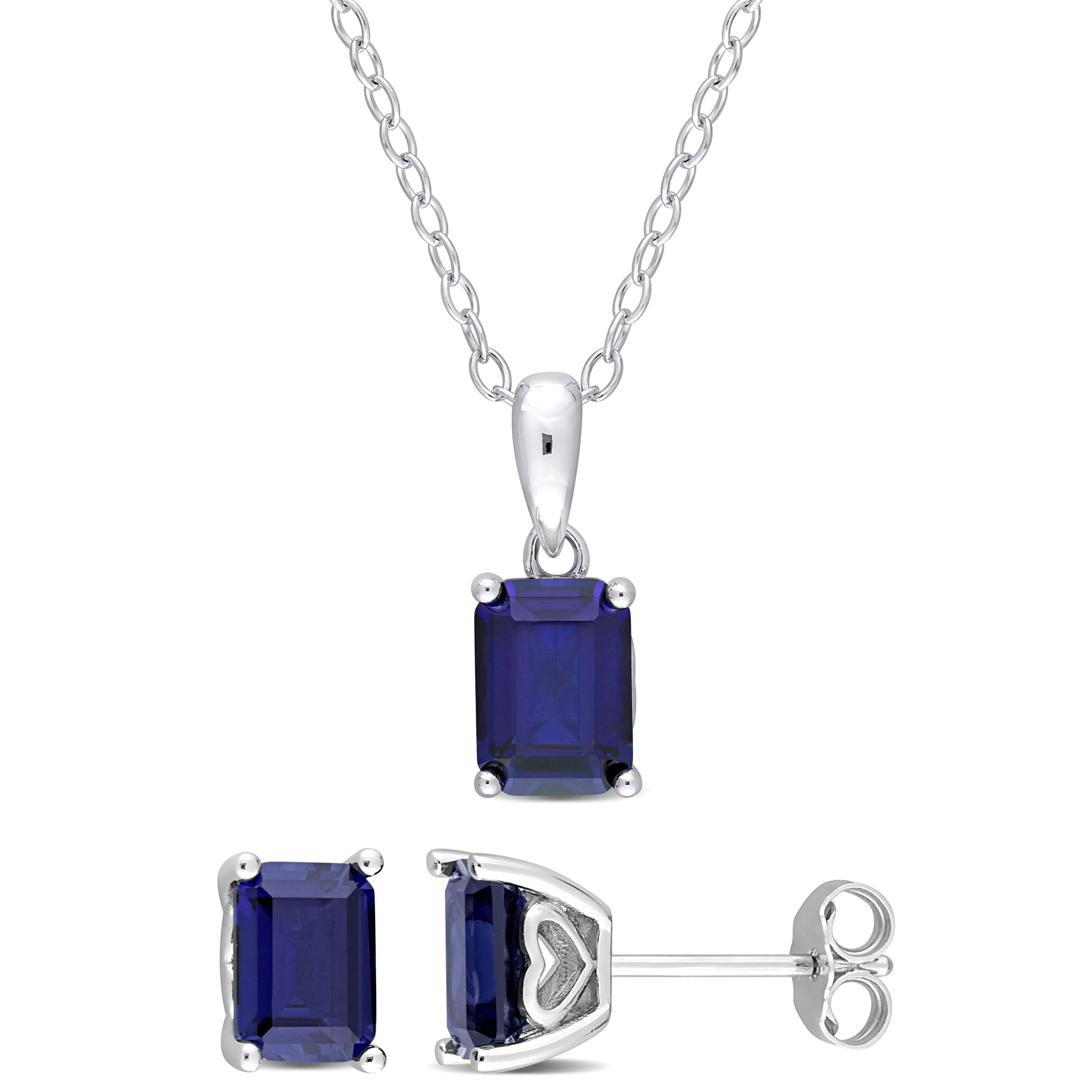 4 3/4 CT TGW Emerald-Cut and Octagon Created Blue Sapphire 2-Piece Set of Pendant with Chain and Earrings in Sterling Silver