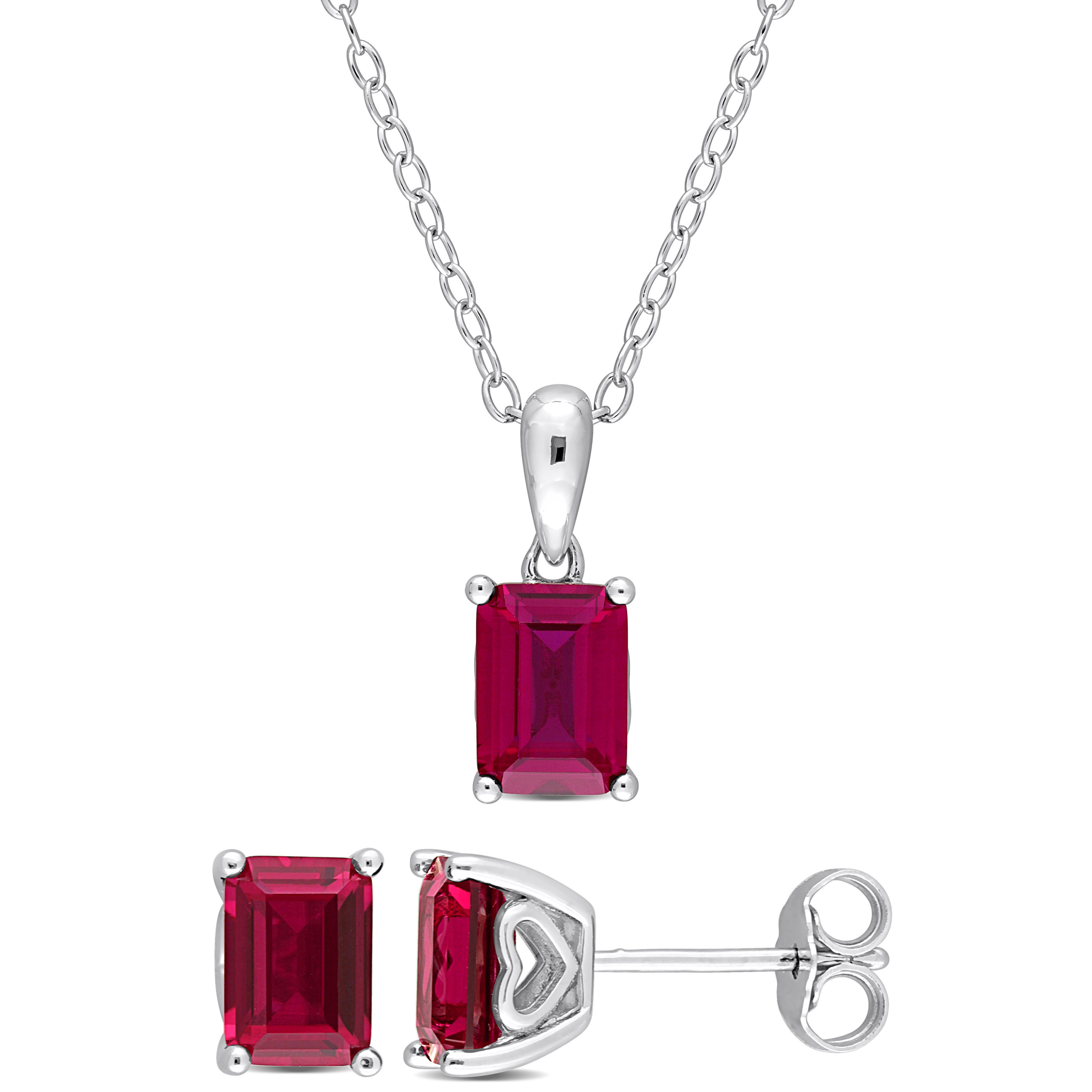 3 7/8 CT TGW Emerald-Cut and Octagon Created Ruby 2-Piece Set of Pendant with Chain and Earrings in Sterling Silver