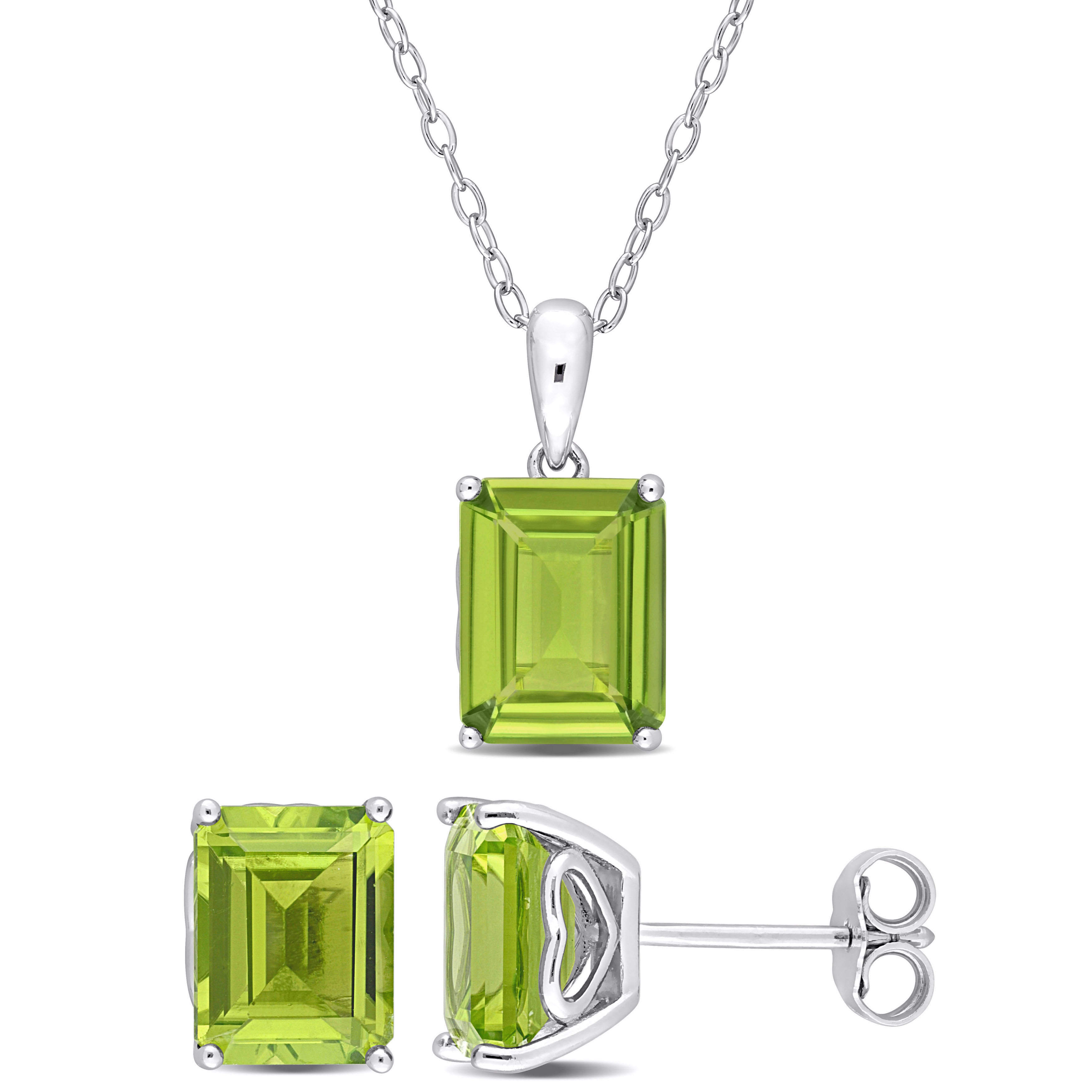 6 4/5 CT TGW Emerald-Cut and Octagon Peridot 2-Piece Set of Pendant with Chain and Earrings in Sterling Silver