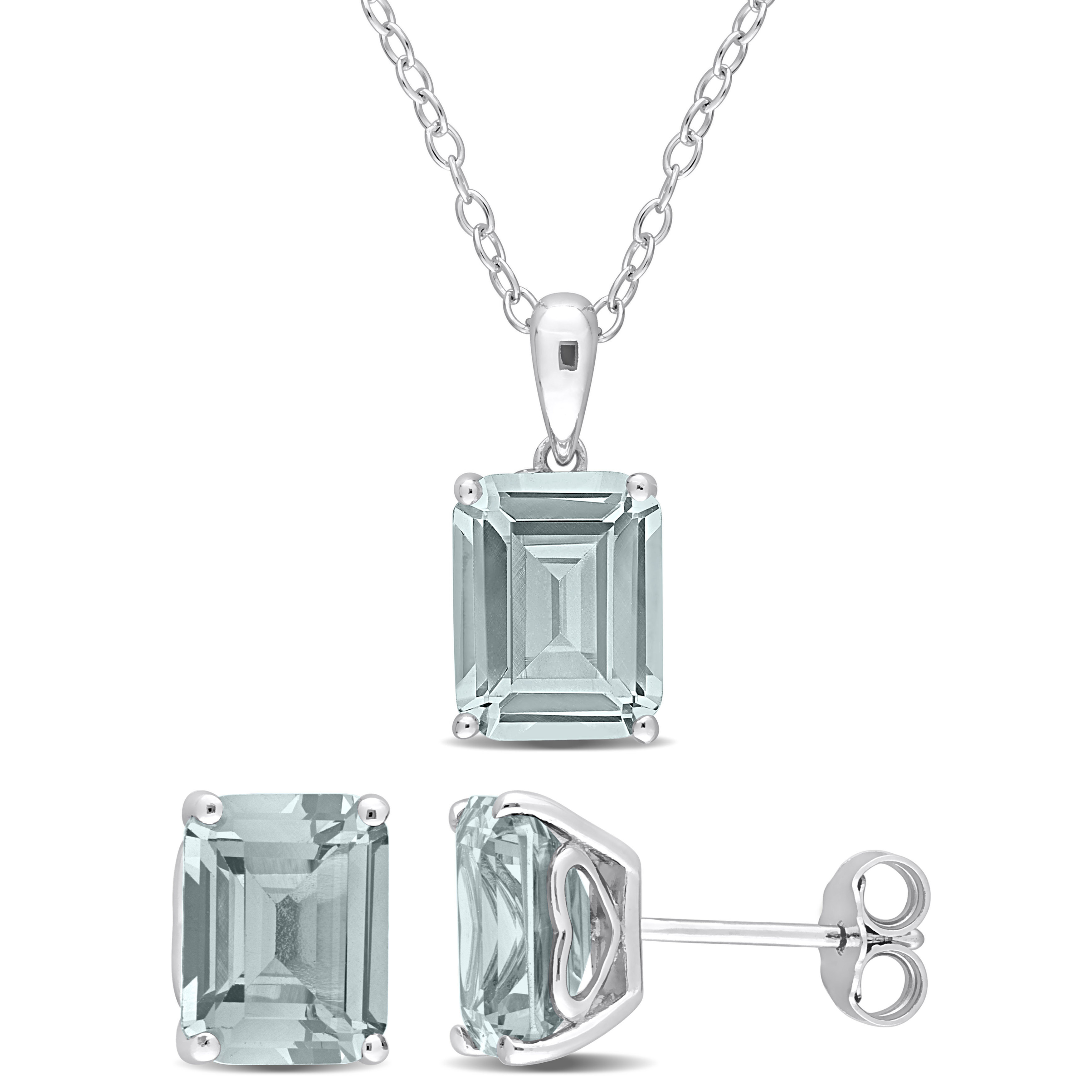 5 3/4 CT TGW Emerald-Cut and Octagon Created Spinel 2-Piece Solitaire Pendant with Chain and Stud Earrings Set in Sterling Silver