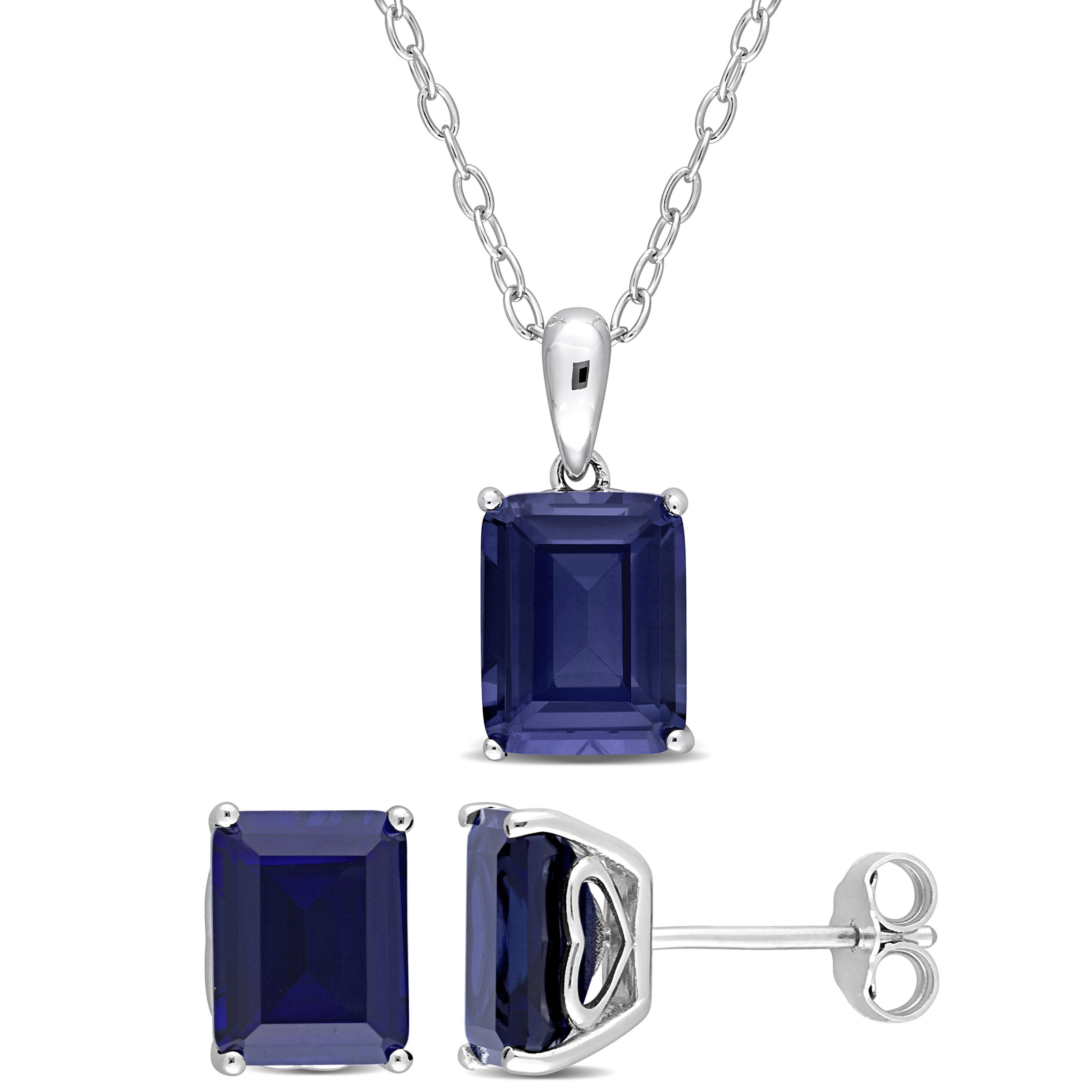 8 4/5 CT TGW Emerald-Cut and Octagon Created Blue Sapphire 2-Piece Solitaire Pendant with Chain and Stud Earrings Set in Sterling Silver