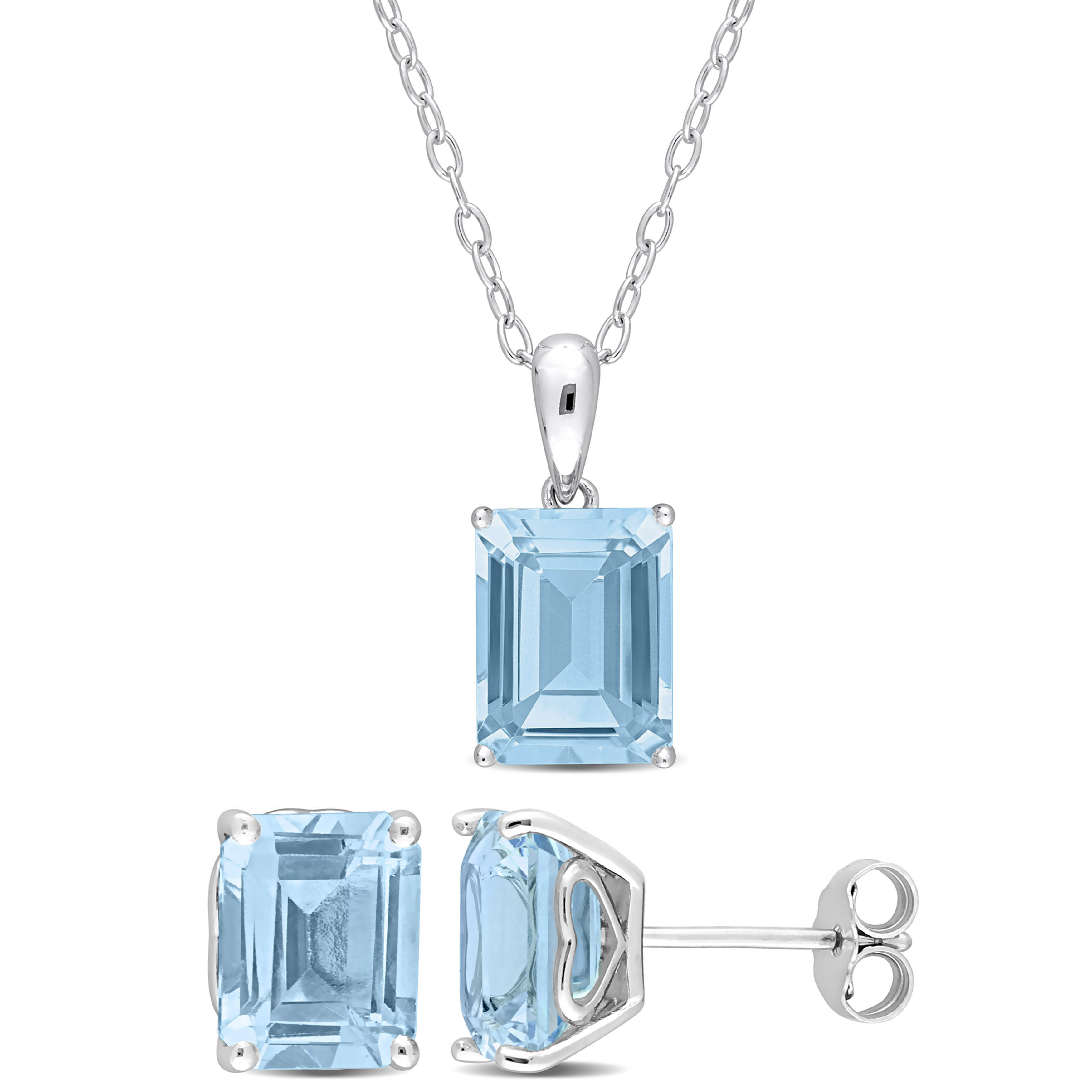 8 4/5 CT TGW Emerald-Cut and Octagon Sky Blue Topaz 2-Piece Solitaire Pendant with Chain and Stud Earrings Set in Sterling Silver