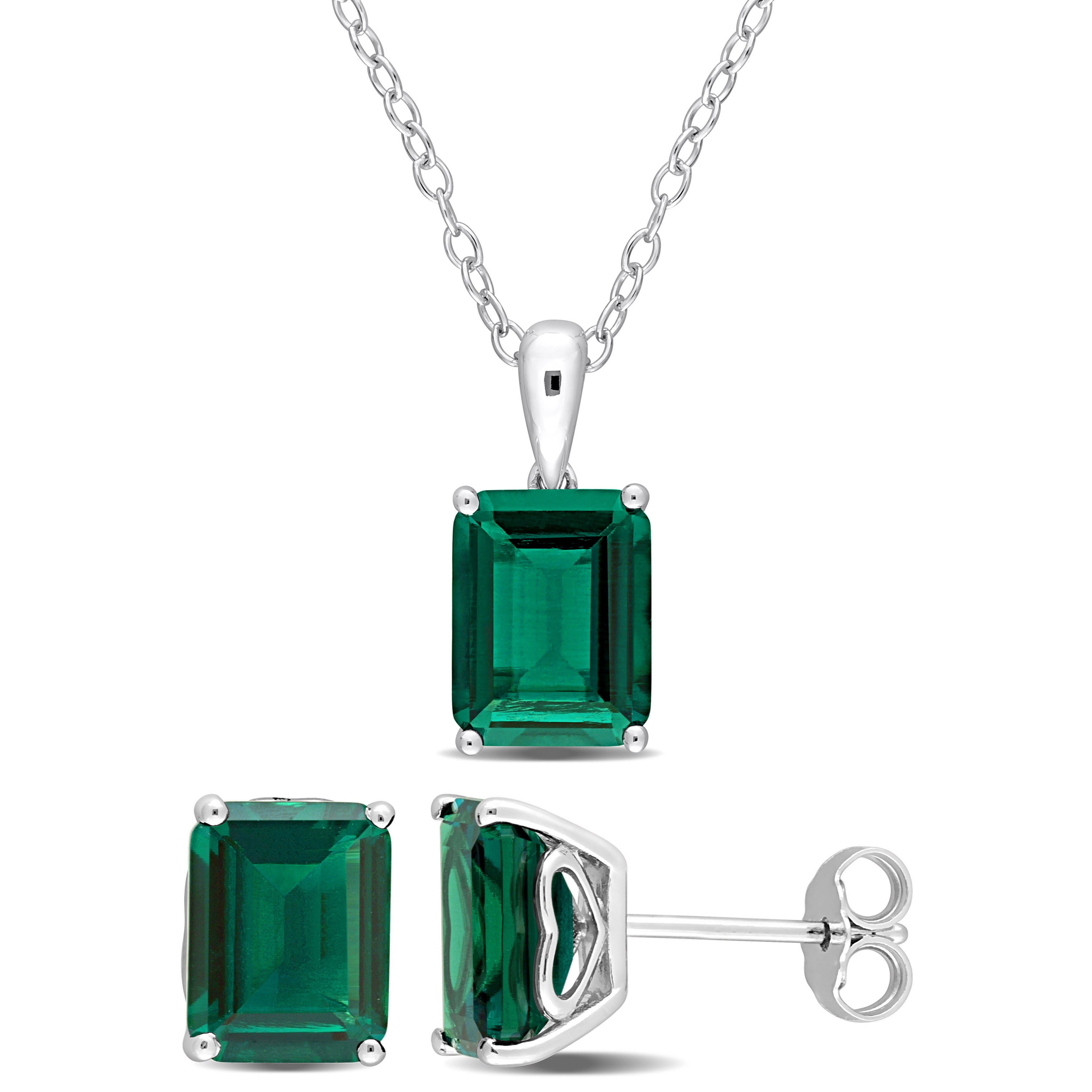 6 7/8 CT TGW Emerald-Cut and Octagon Created Emerald 2-Piece Set of Pendant with Chain and Earrings in Sterling Silver