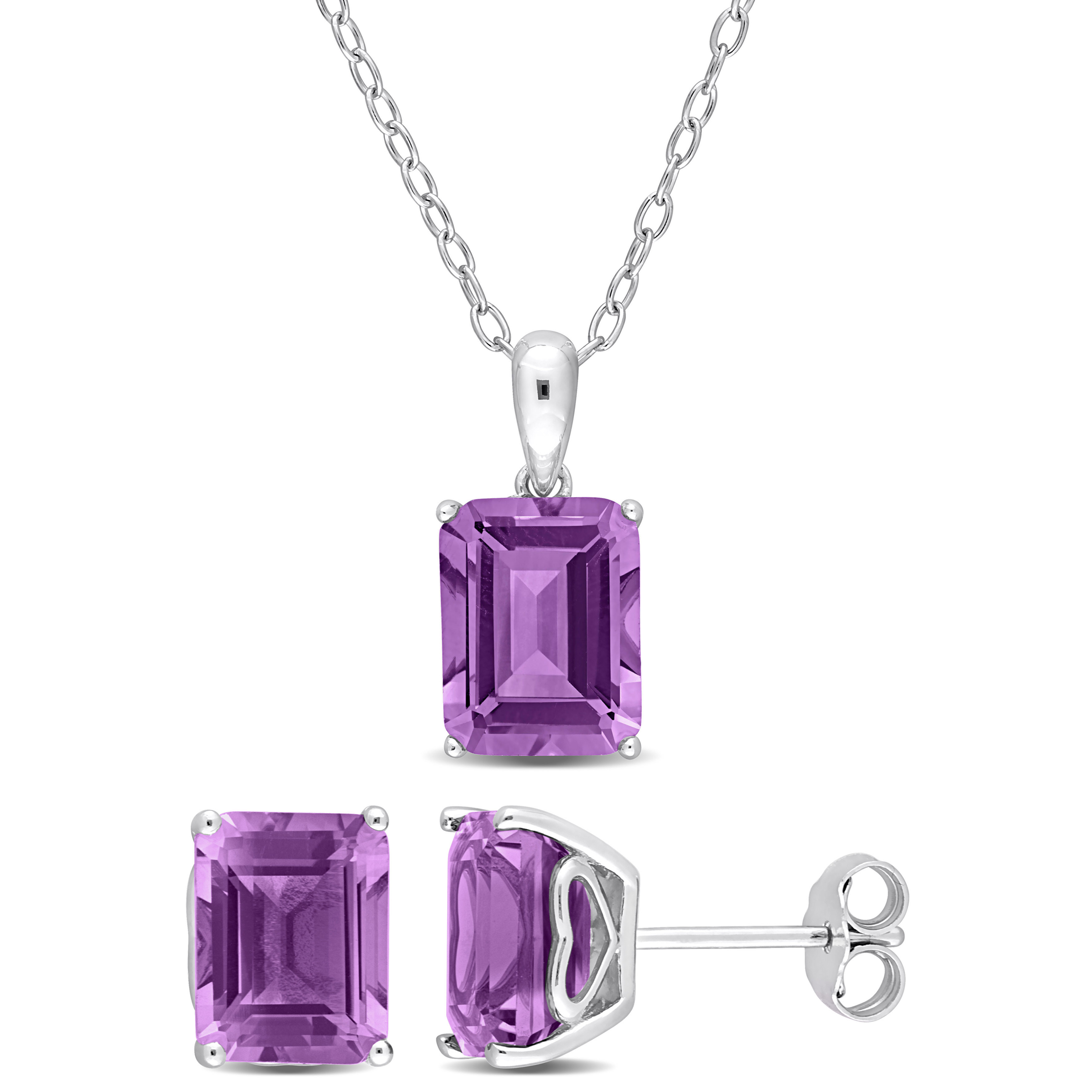 6 5/8 CT TGW Emerald-Cut and Octagon Amethyst 2-Piece Set of Pendant with Chain and Earrings in Sterling Silver