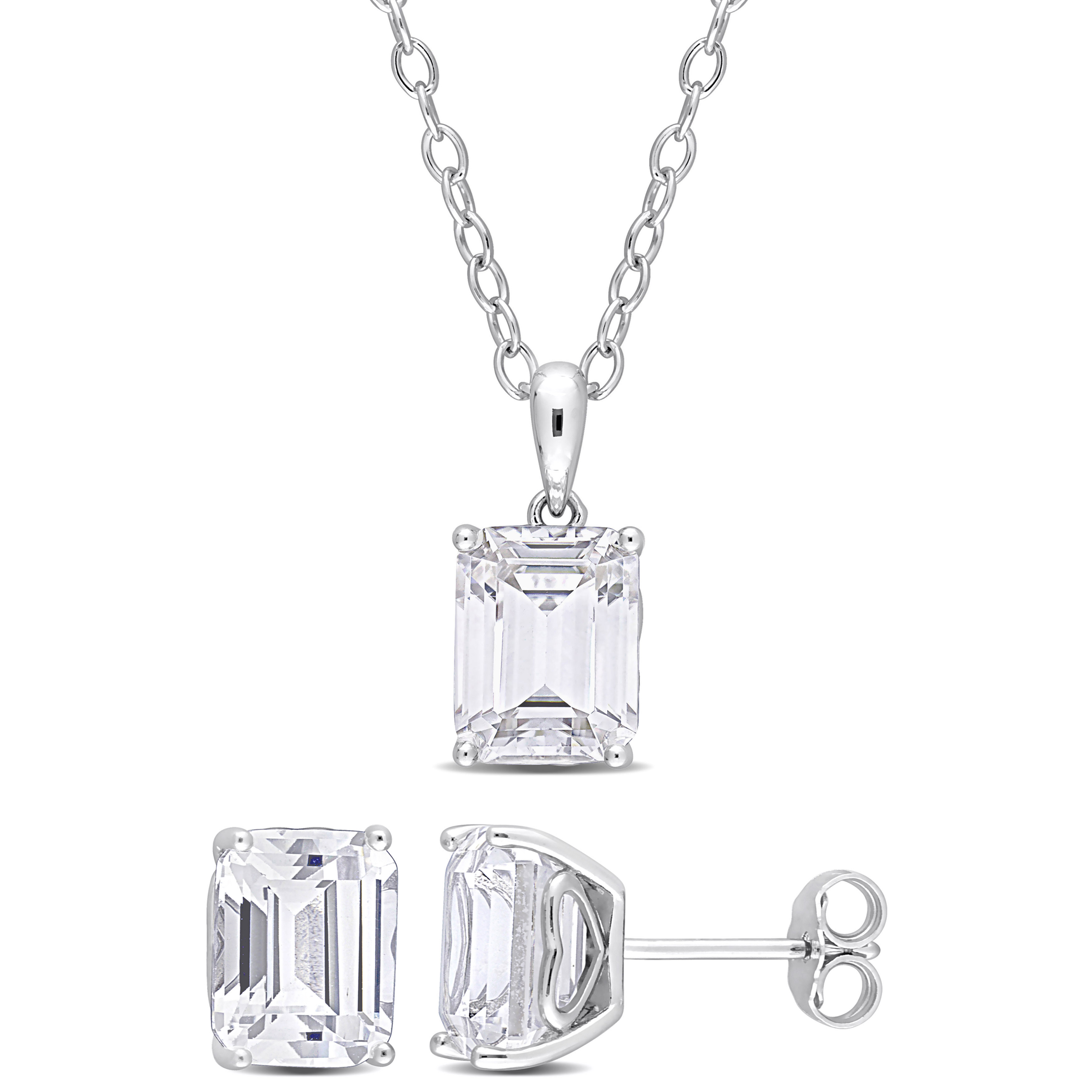 11 3/4 CT TGW Emerald-Cut and Octagon Created White Sapphire 2-Piece Set of Pendant with Chain and Earrings in Sterling Silver