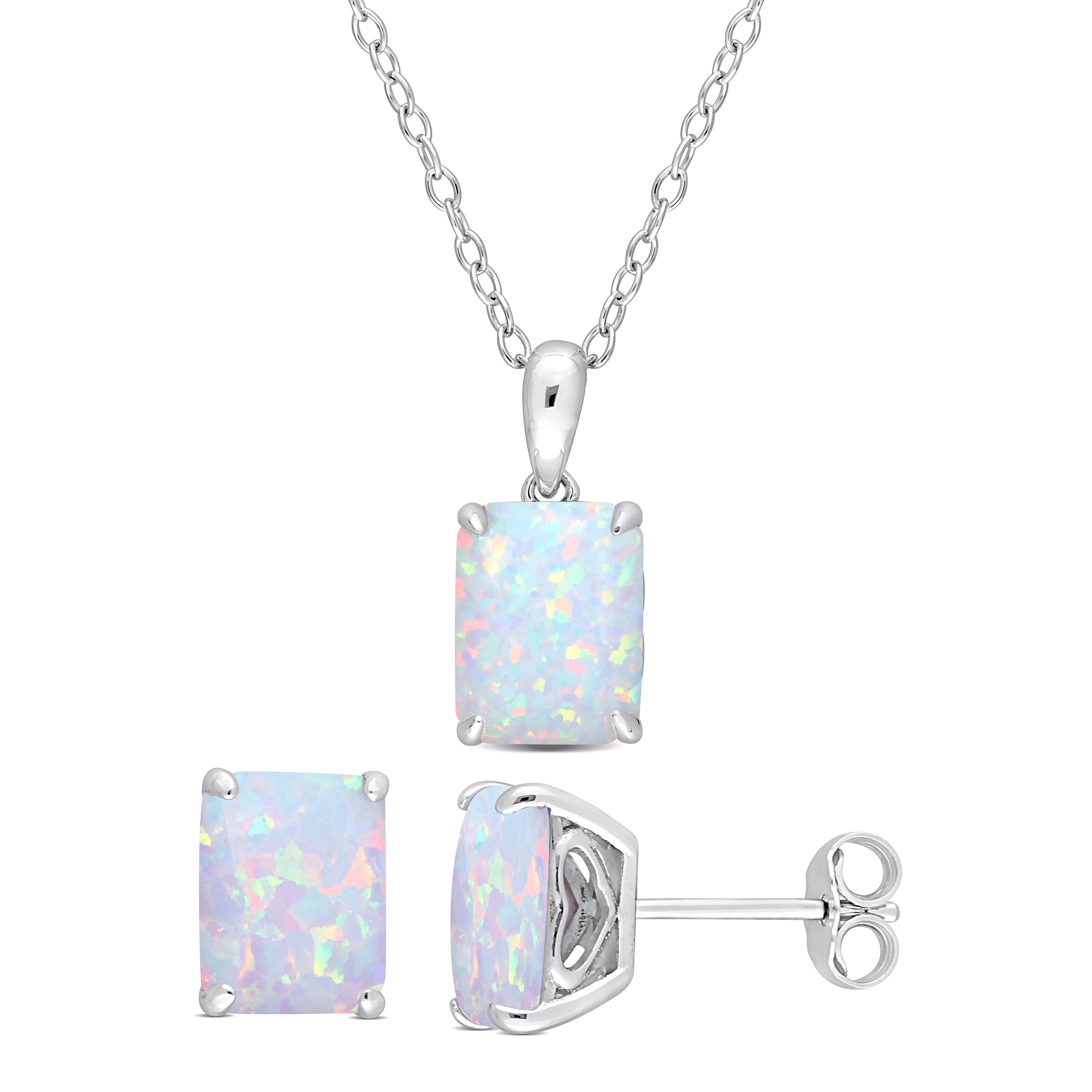5 3/4 CT TGW Emerald-Cut and Octagon Created Opal 2-Piece Set of Pendant with Chain and Earrings in Sterling Silver