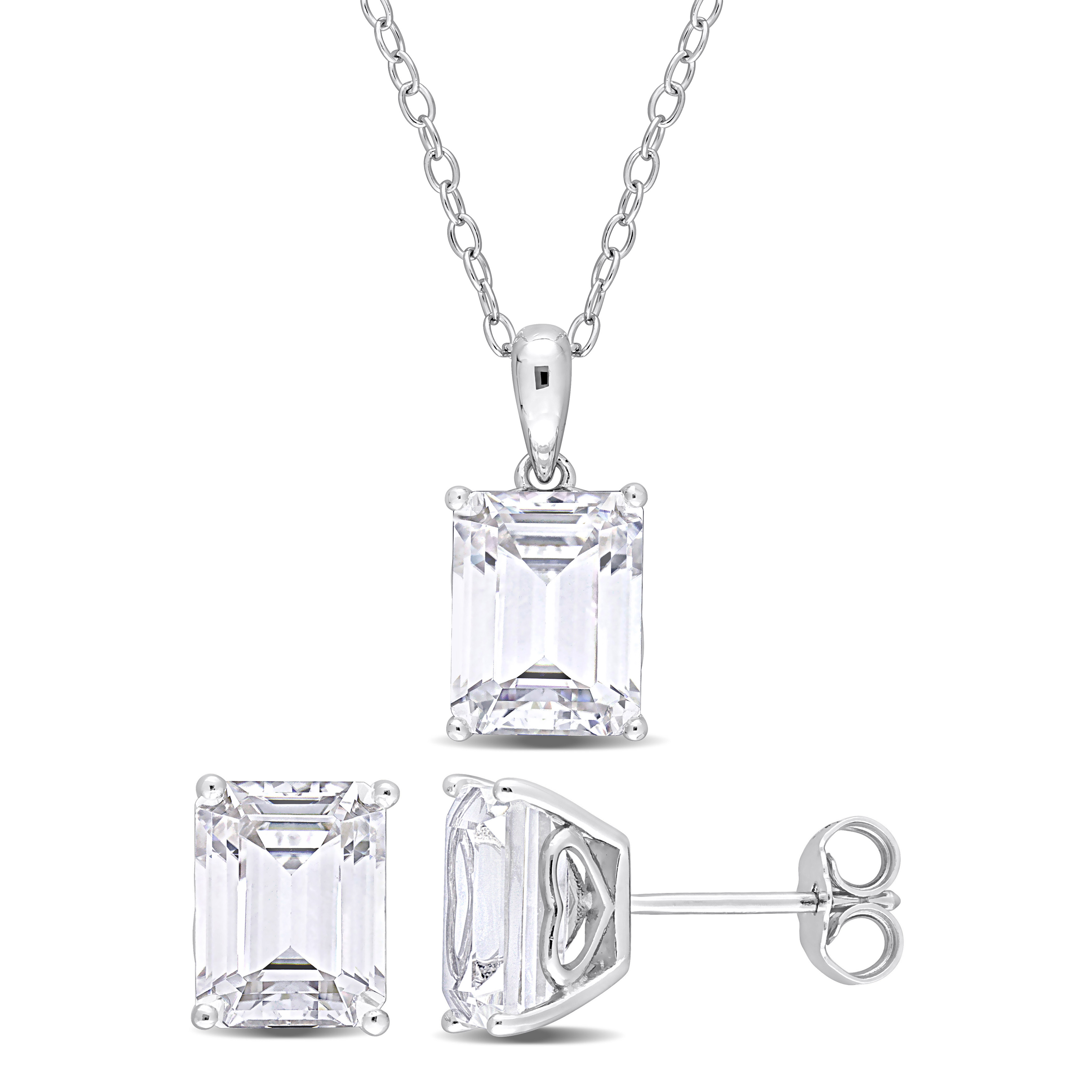 8 4/5 CT TGW Emerald-Cut and Octagon White Topaz 2-Piece Solitaire Pendant with Chain and Stud Earrings Set in Sterling Silver