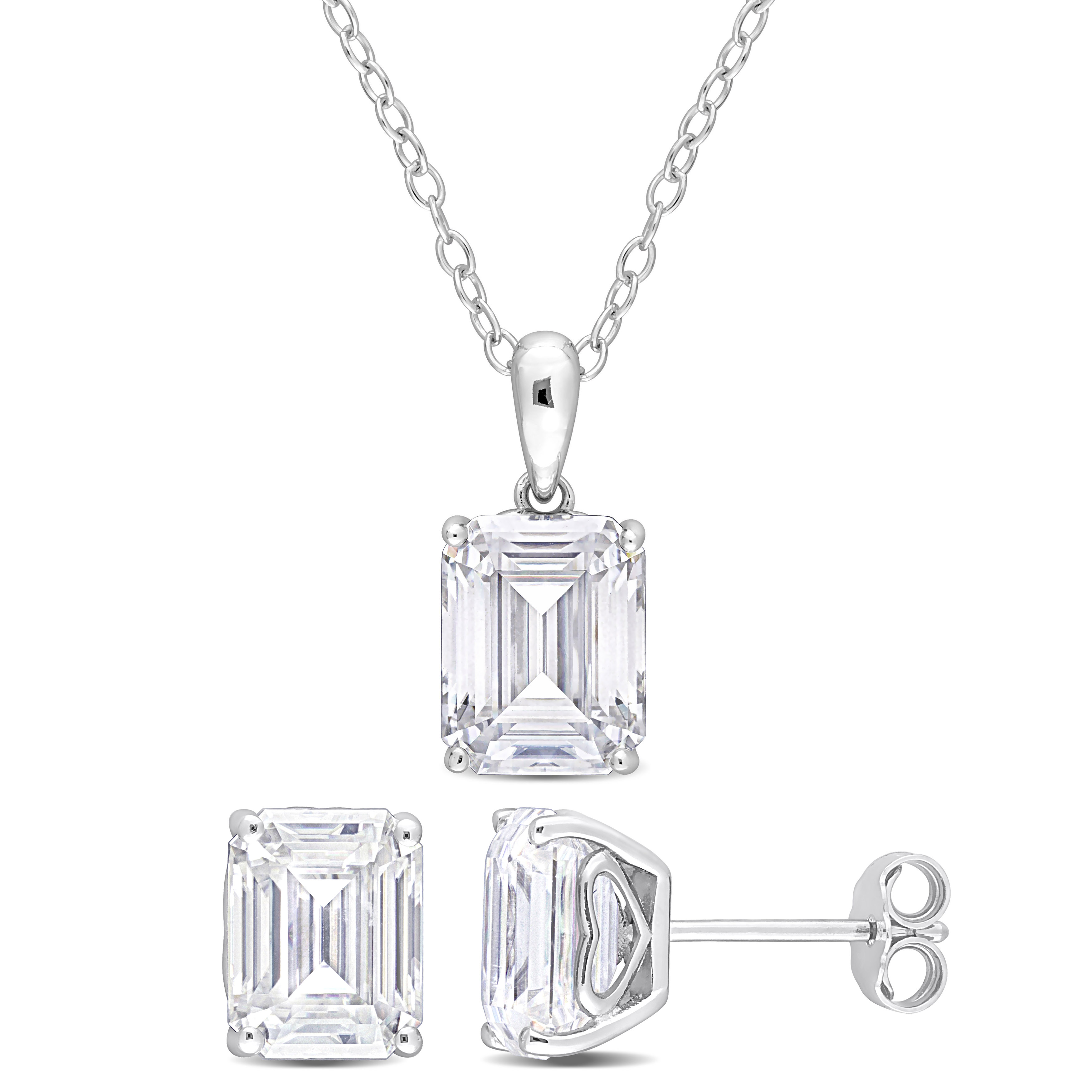 7 1/5 CT TGW Emerald-Cut and Octagon White Created Moissanite 2-Piece Set of Pendant with Chain and Earrings in Sterling Silver