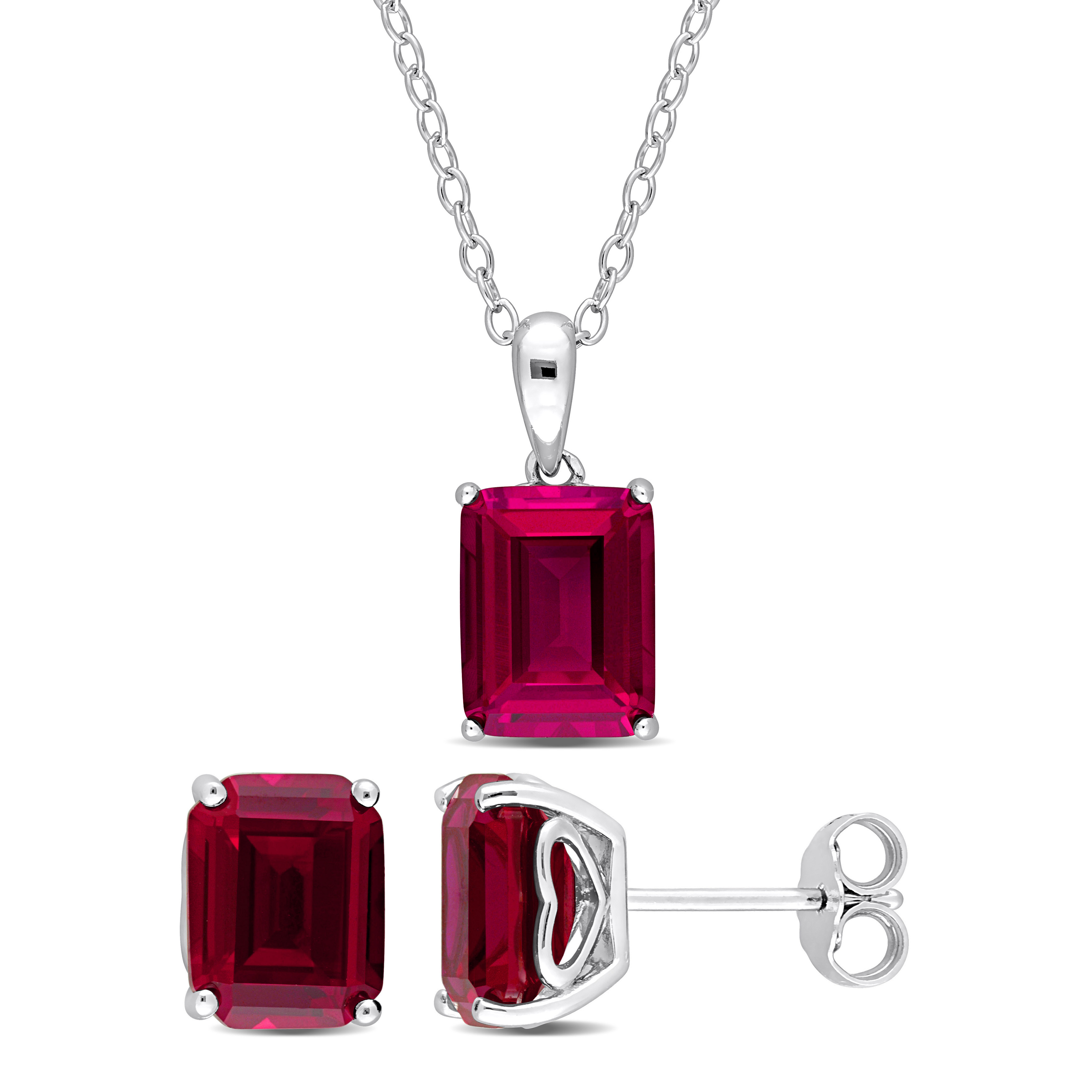 9 3/4 CT TGW Emerald-Cut and Octagon Created Ruby 2-Piece Solitaire Pendant with Chain and Stud Earrings Set in Sterling Silver
