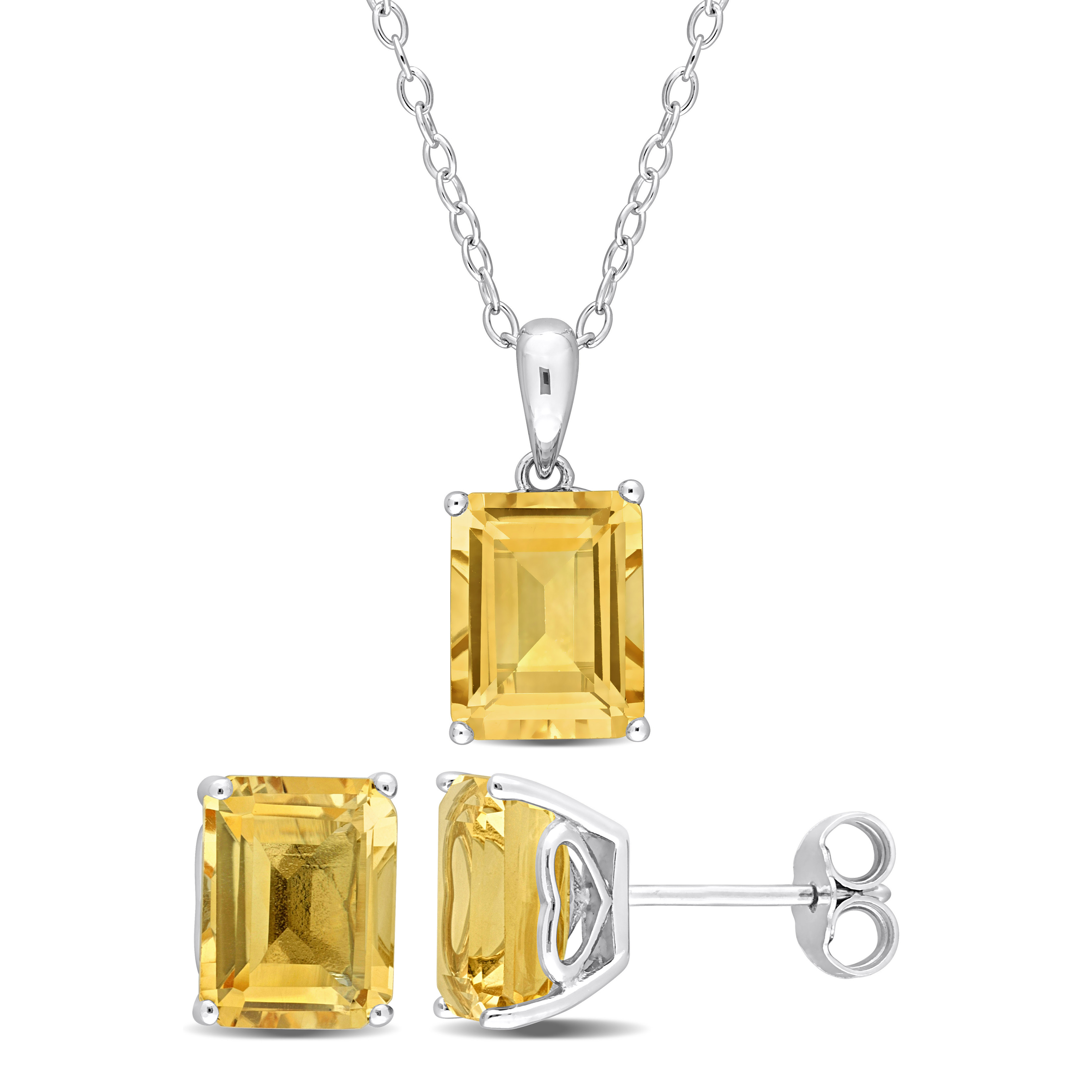 7 CT TGW Emerald-Cut and Octagon Citrine 2-Piece Set of Pendant with Chain and Earrings in Sterling Silver