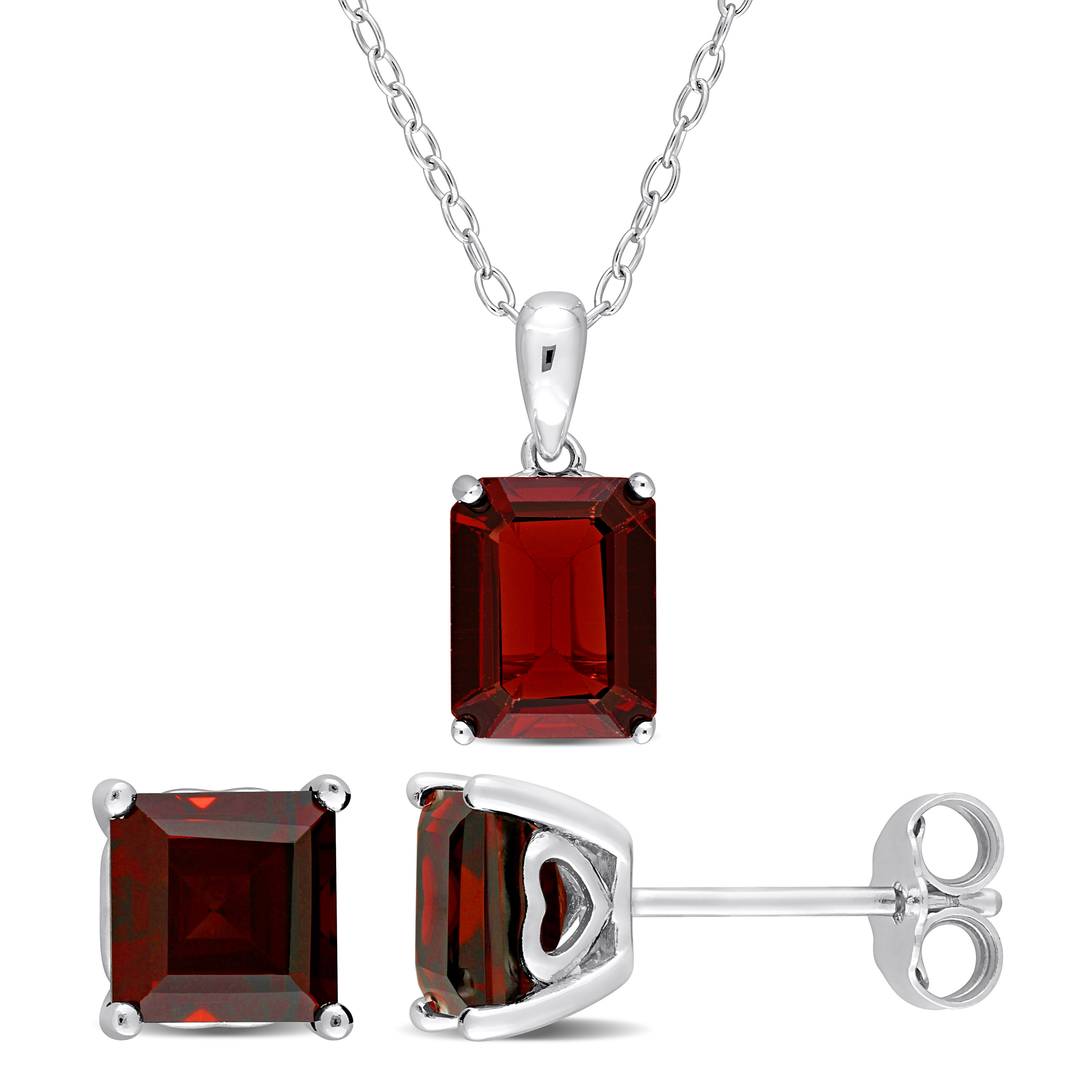 7 4/5 CT TGW Emerald-Cut and Octagon Garnet 2-Piece Solitaire Pendant with Chain and Stud Earrings Set in Sterling Silver