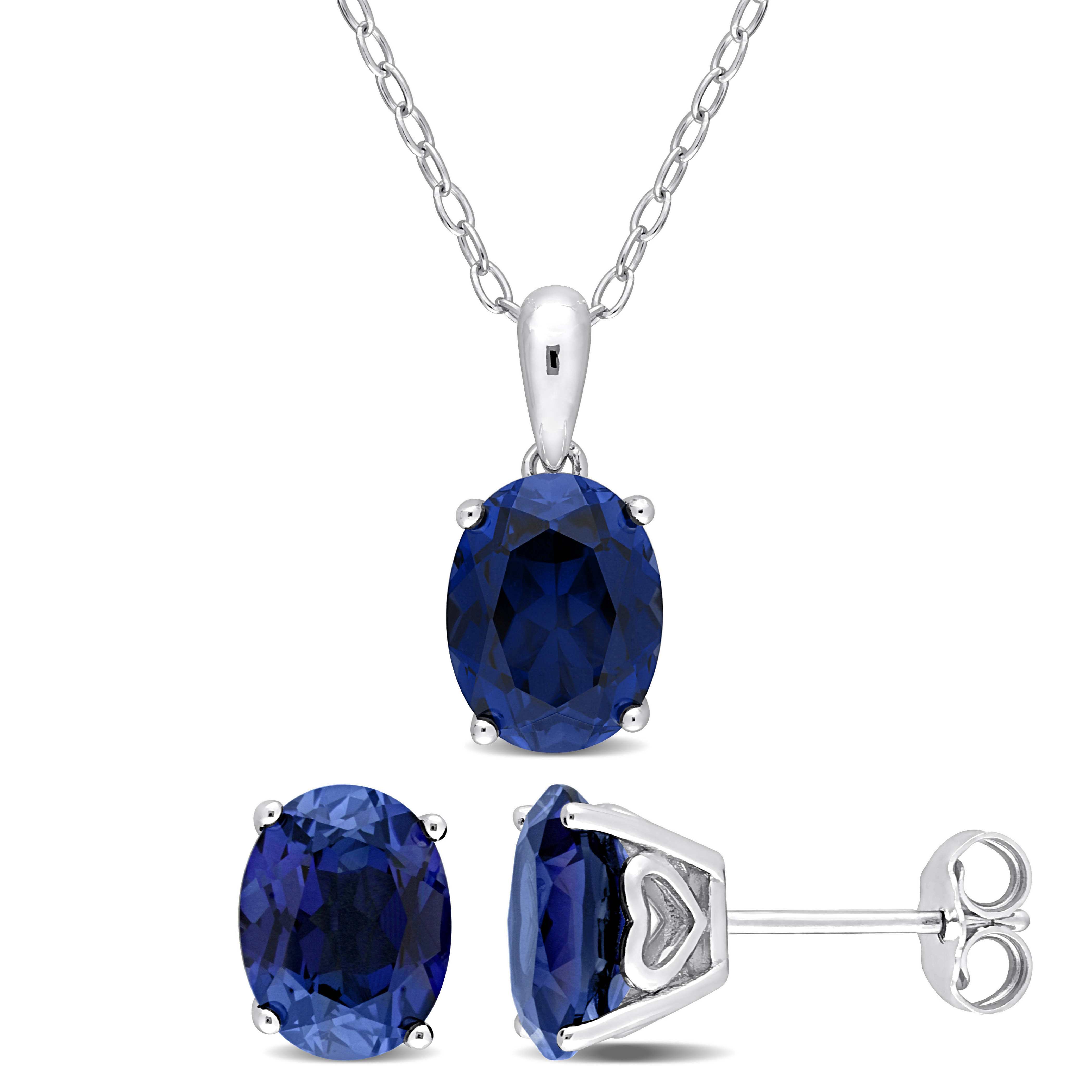 8 4/5 CT TGW Oval Created Blue Sapphire 2-Piece Solitaire Pendant with Chain and Stud Earrings Set in Sterling Silver
