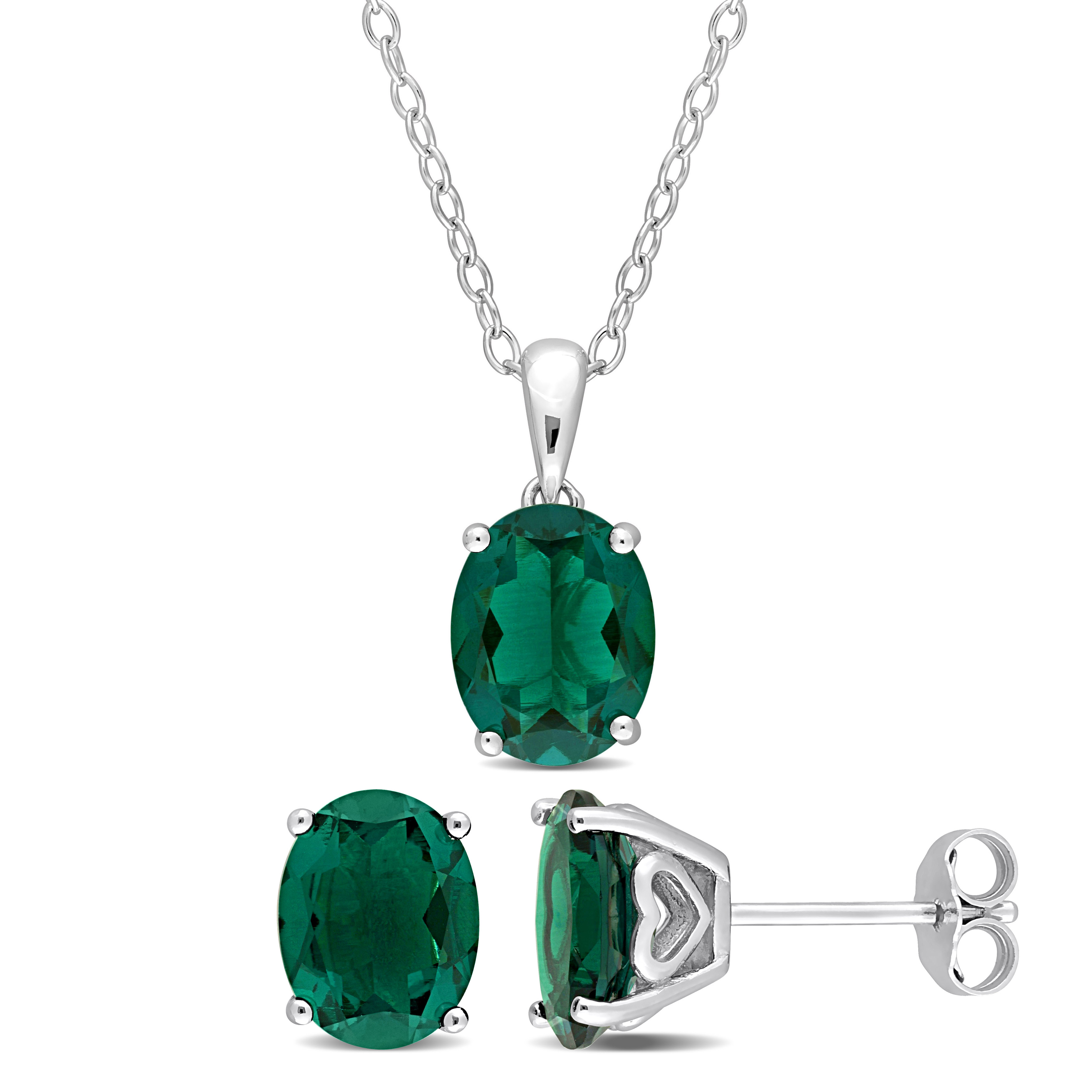 4 4/5 CT TGW Oval Created Emerald 2-Piece Set of Pendant with Chain and Earrings in Sterling Silver