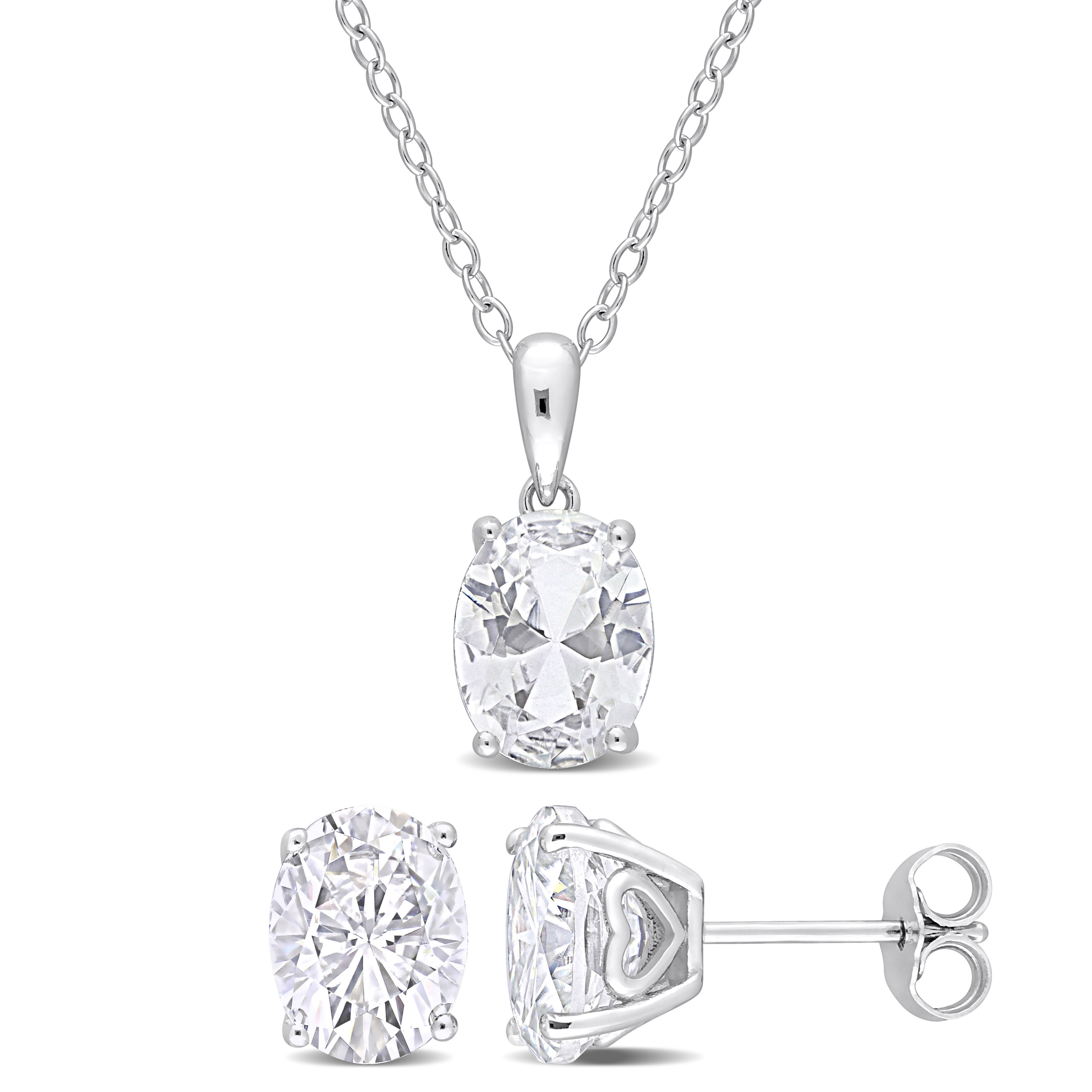6 3/4 CT TGW Oval White Topaz 2-Piece Set of Pendant with Chain and Earrings in Sterling Silver
