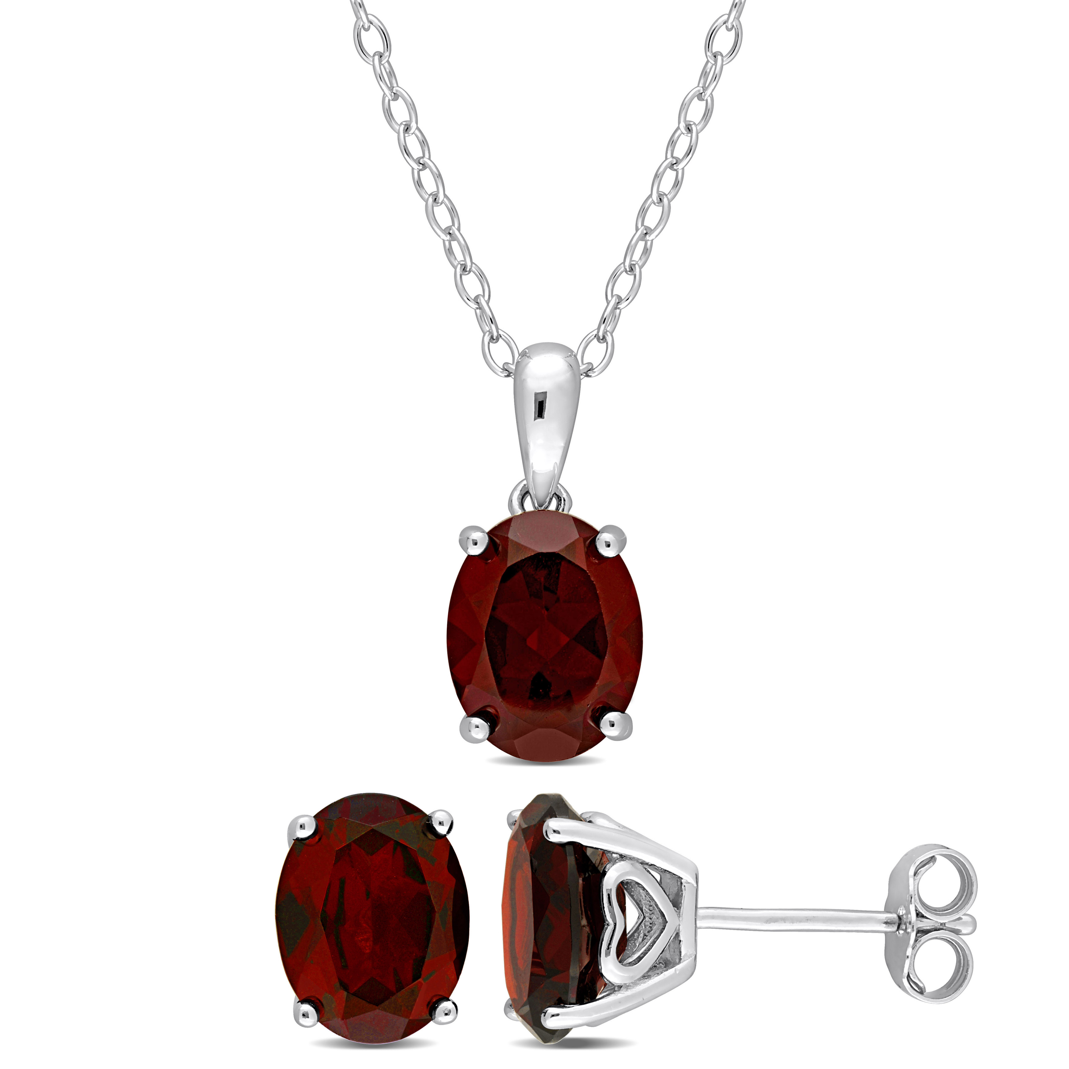 6 5/8 CT TGW Oval Garnet 2-Piece Solitaire Pendant with Chain and Stud Earrings Set in Sterling Silver