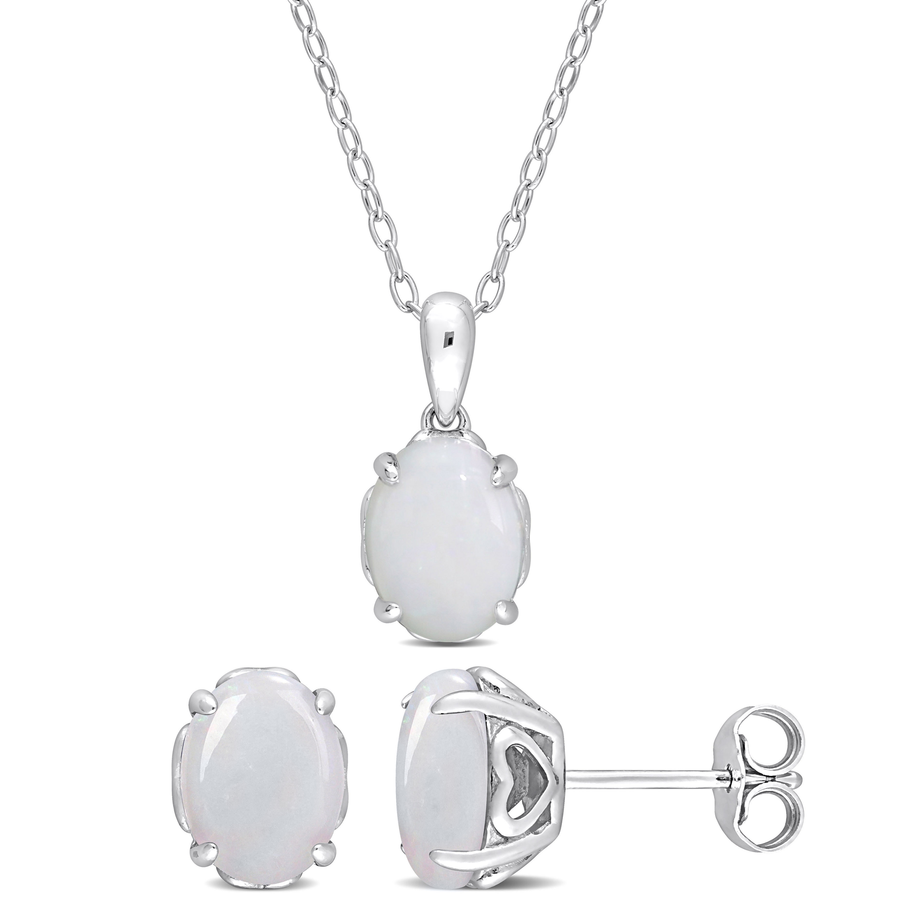 3 CT TGW Oval Opal 2-Piece Solitaire Pendant with Chain and Stud Earrings Set in Sterling Silver