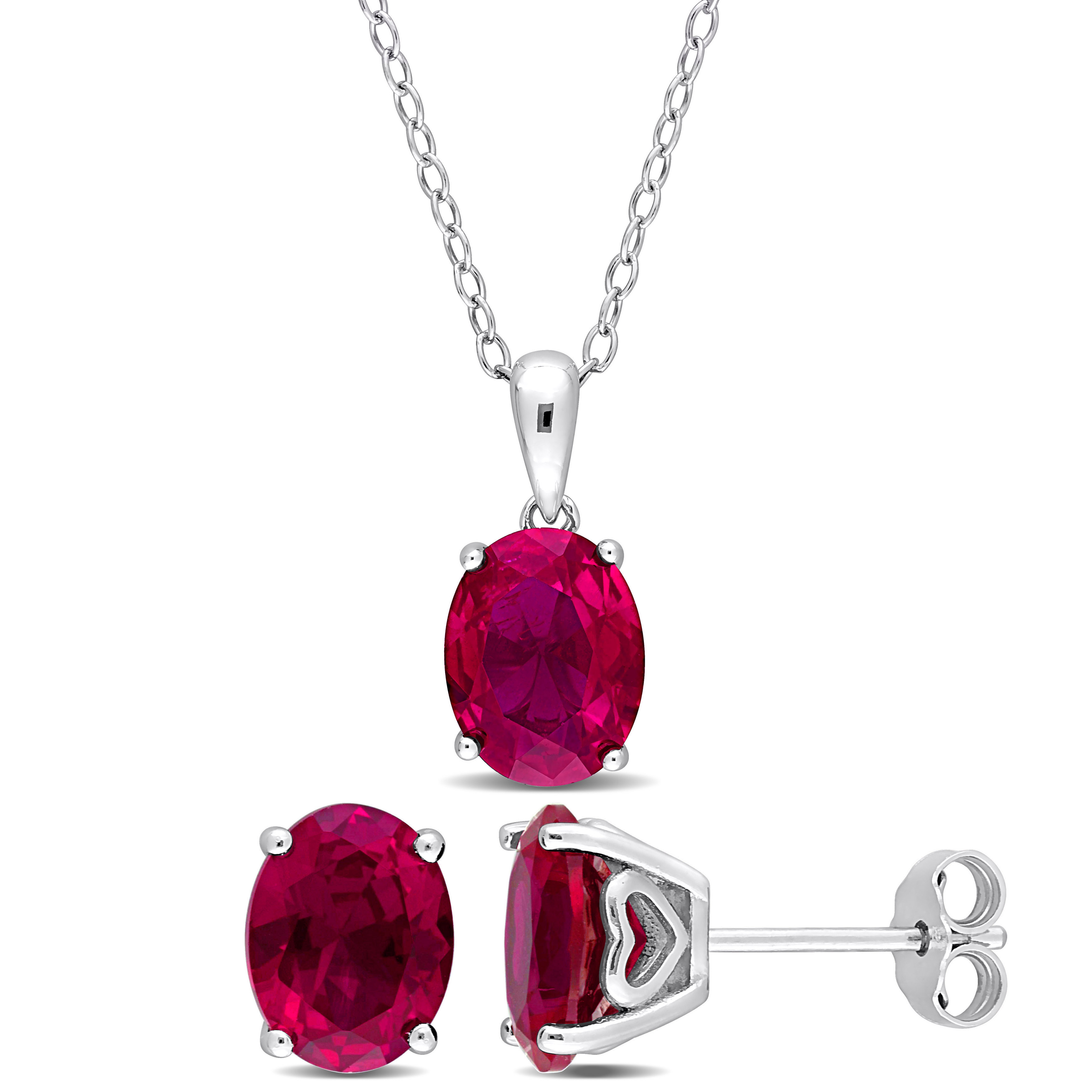 8 4/5 CT TGW Oval Created Ruby 2-Piece Set of Pendant with Chain and Earrings in Sterling Silver