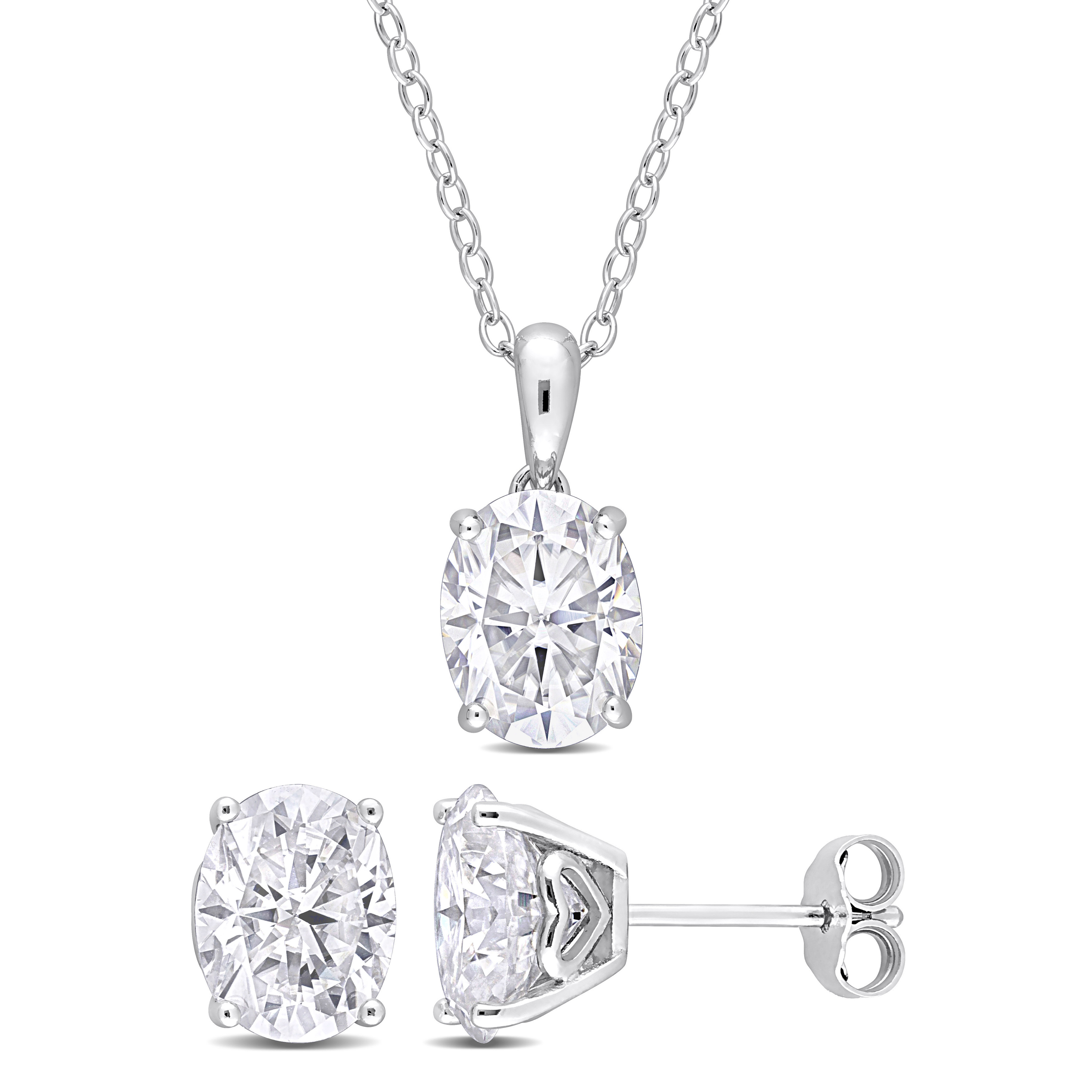 6 CT TGW Oval Created Moissanite 2-Piece Solitaire Pendant with Chain and Stud Earrings Set in Sterling Silver