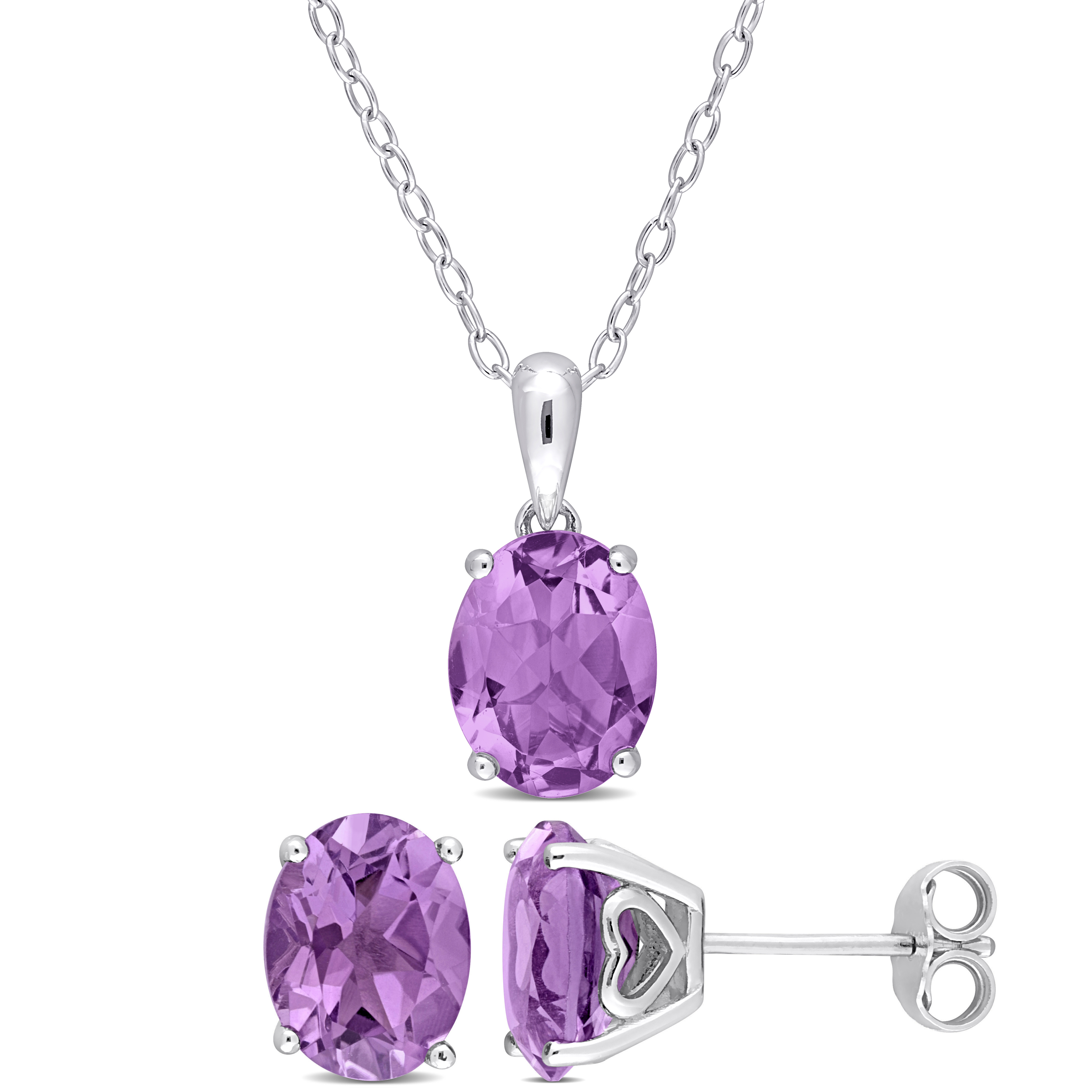 6 CT TGW Oval Amethyst 2-Piece Solitaire Pendant with Chain and Stud Earrings Set in Sterling Silver
